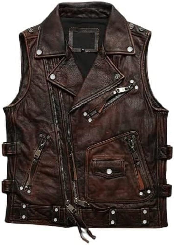 Cheemaz Men’S Vintage Negan Cowhide Brown Biker Riding Sleeveless Motorcycle Leather Vest (As1, Alpha, X_L, Regular, Regular, Brown)