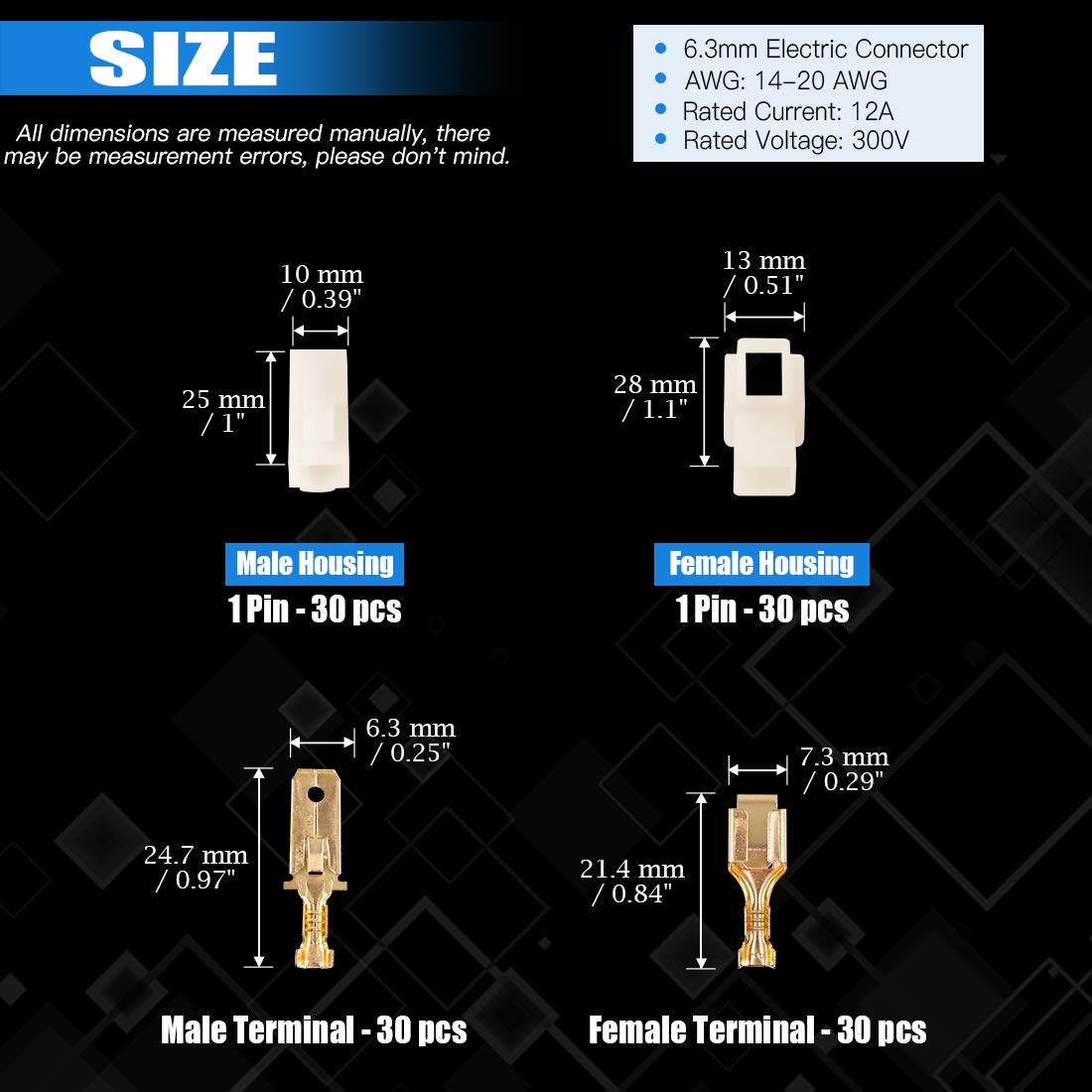 Glarks 120Pcs 6.3Mm 1 Pin Way Electrical Automotive Wire Connector Male Female Socket Plug And Terminals Kit For Motorcycle, Bik