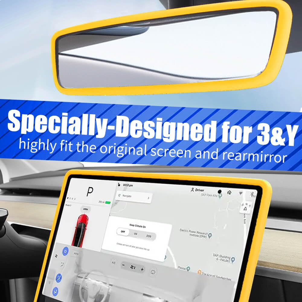 Yeapop 2Pcs Silicone Protector Frames of Screen and Rear View Mirror for Tesla Model 3 2017-2023 and Model Y 2019-Feb.2025. (Yel