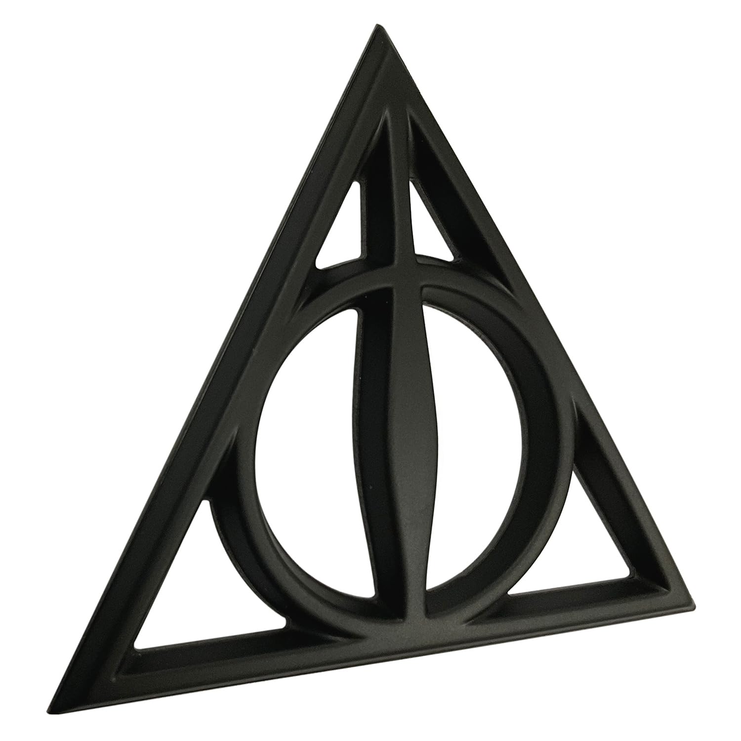 Fan Emblems Deathly Hallows Car Emblem - Harry Potter Symbol 3D Auto Badge - Color: Matte Black - Size: 3.7 X 3.2 X 0.2 Inches -