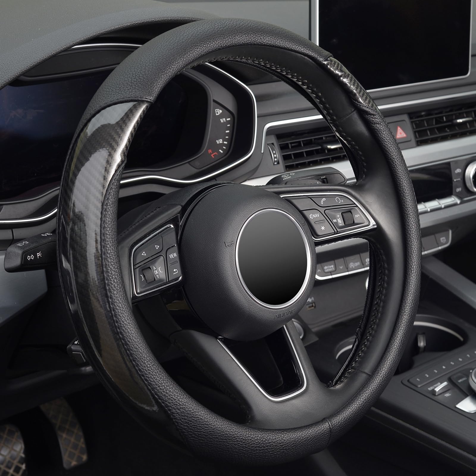 Zhol Car Steering Wheel Cover Universal 14 1/2-15 Leather Carbon Fiber Anti-Slip Car Accessories, Black