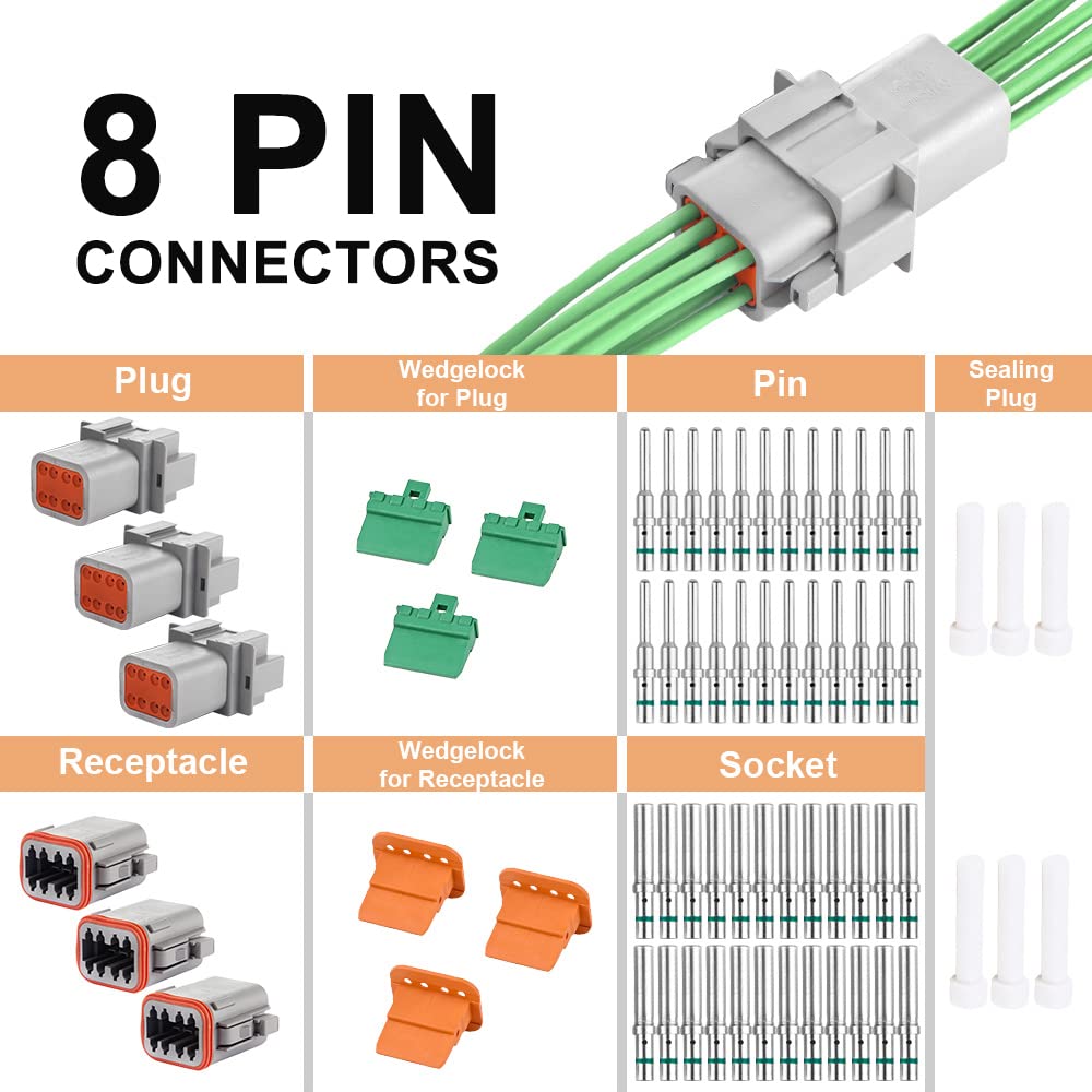 Jrready St6116 Dt Connector 8 Pin Gray Waterproof Electrical Wire Connector Plug Receptacle With Solid Contact And Seal Plug,3 S