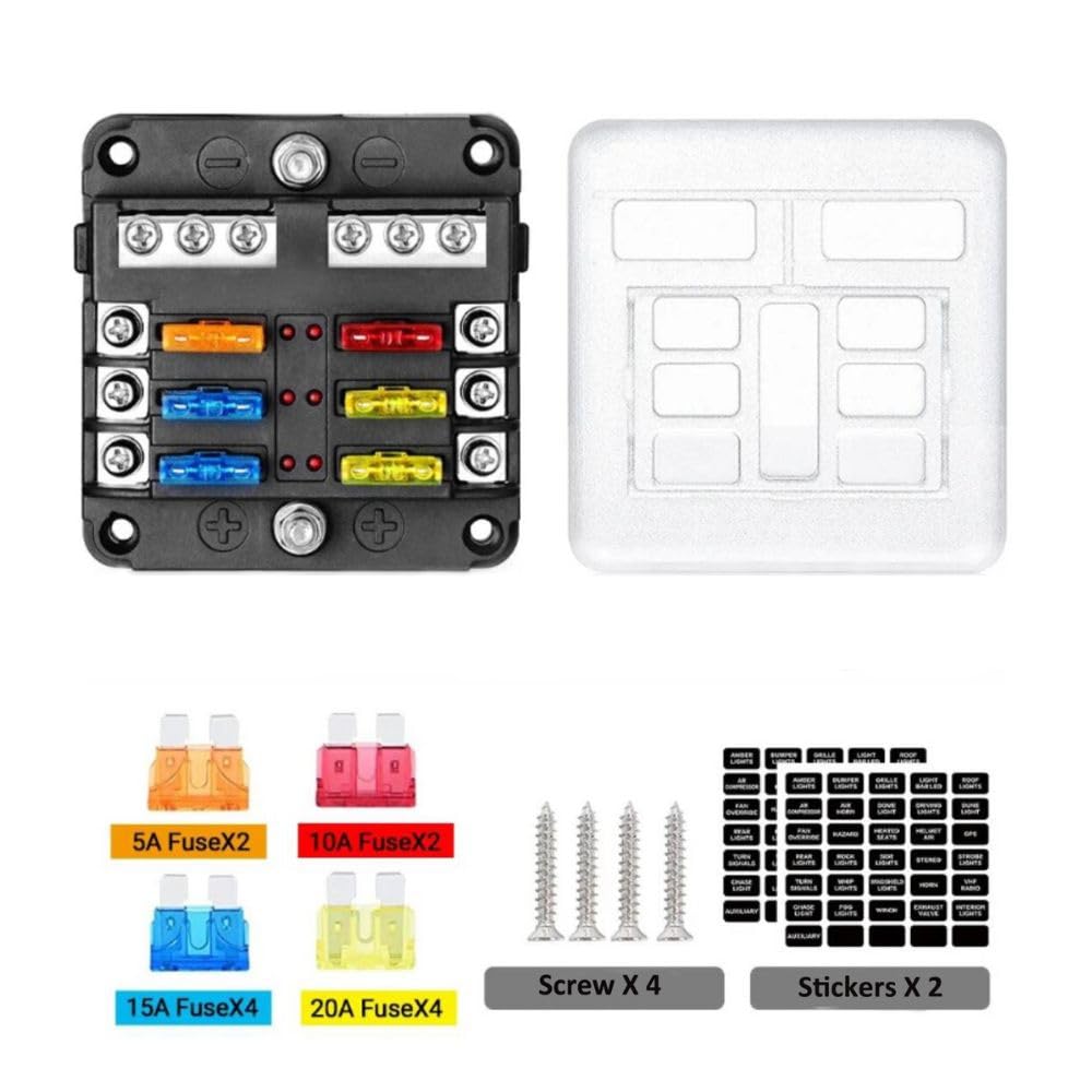 6 Way 12V Fuse Blocks, Waterproof Marine Fuse Block, Universal Fuse Box With Led Warning Indicator Damp-Proof Cover, 6 Circuits With Negative Bus Fuse Holder For Golf Cart Rv Truck Dc 12-24V