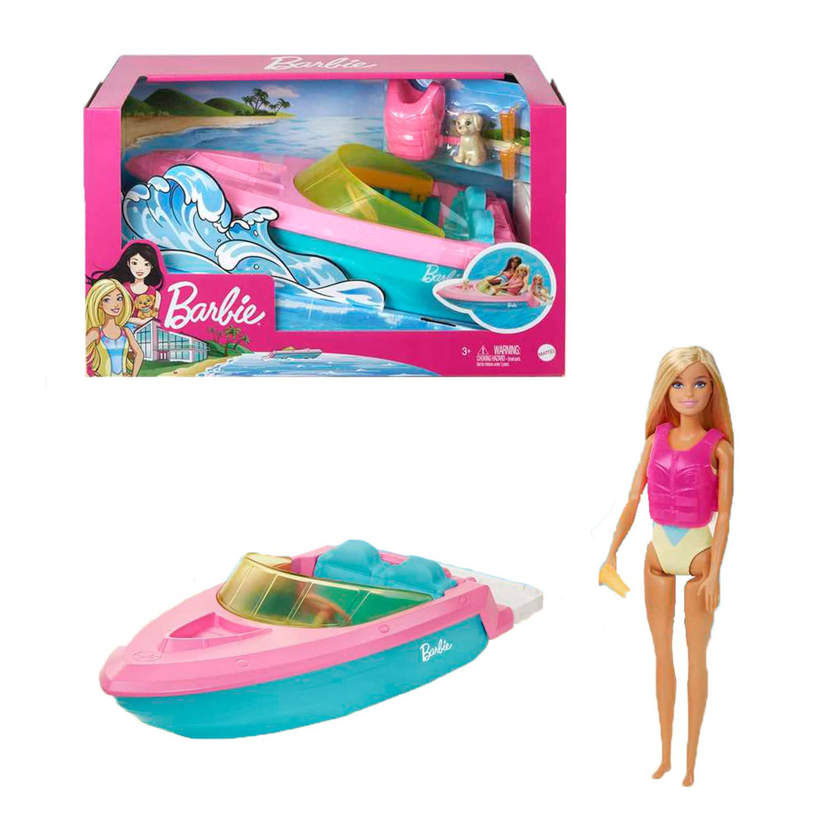 Barbie Doll & Toy Boat Playset With Pet Puppy, Life Vest & Beverage Accessories, Fits 3 Dolls & Floats In Water