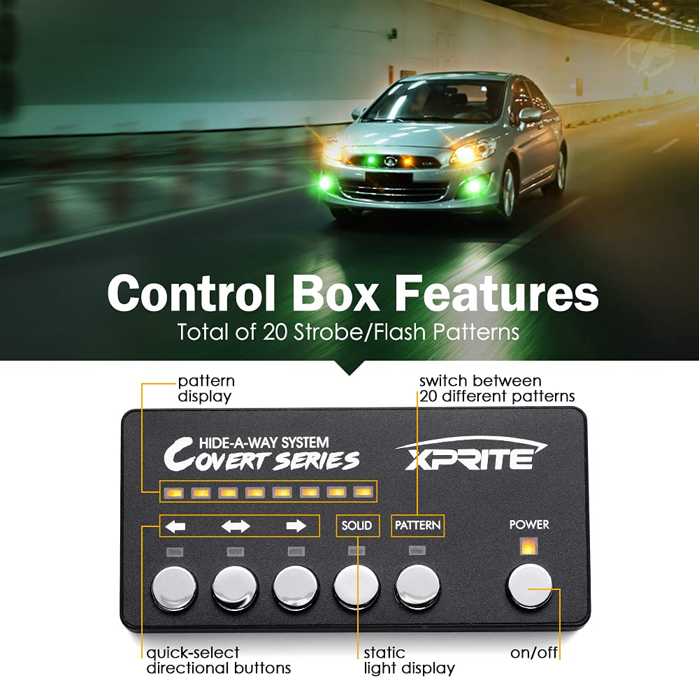 Xprite Amber Green Led Hideaway Strobe Lights Kit 20 Flashing Patterns W/Control Panel Headlights Taillights Fog Light Mounting,