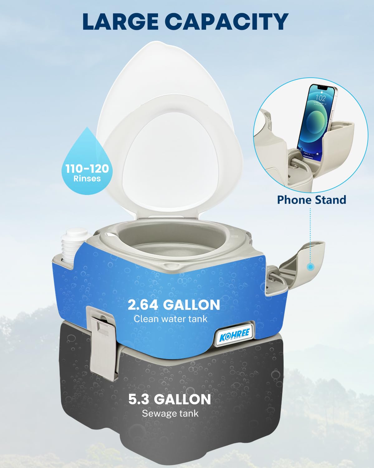 Kohree Portable Toilet for Camping 5.3 Gal: 20L Cassette Toilet Porta Potty for Adults with Diagonal Elongated Bowl Seat - Leakp