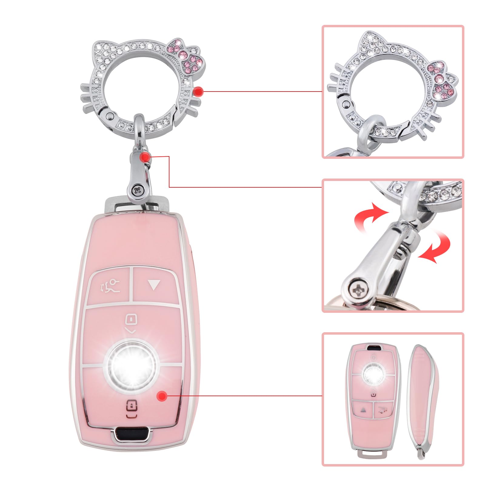 Pangpai Pink Key Fob Cover for Mercedes Benz, Soft TPU Key Case Protection with Bling Keychain Fit for A-Class C-Class G-Class 2