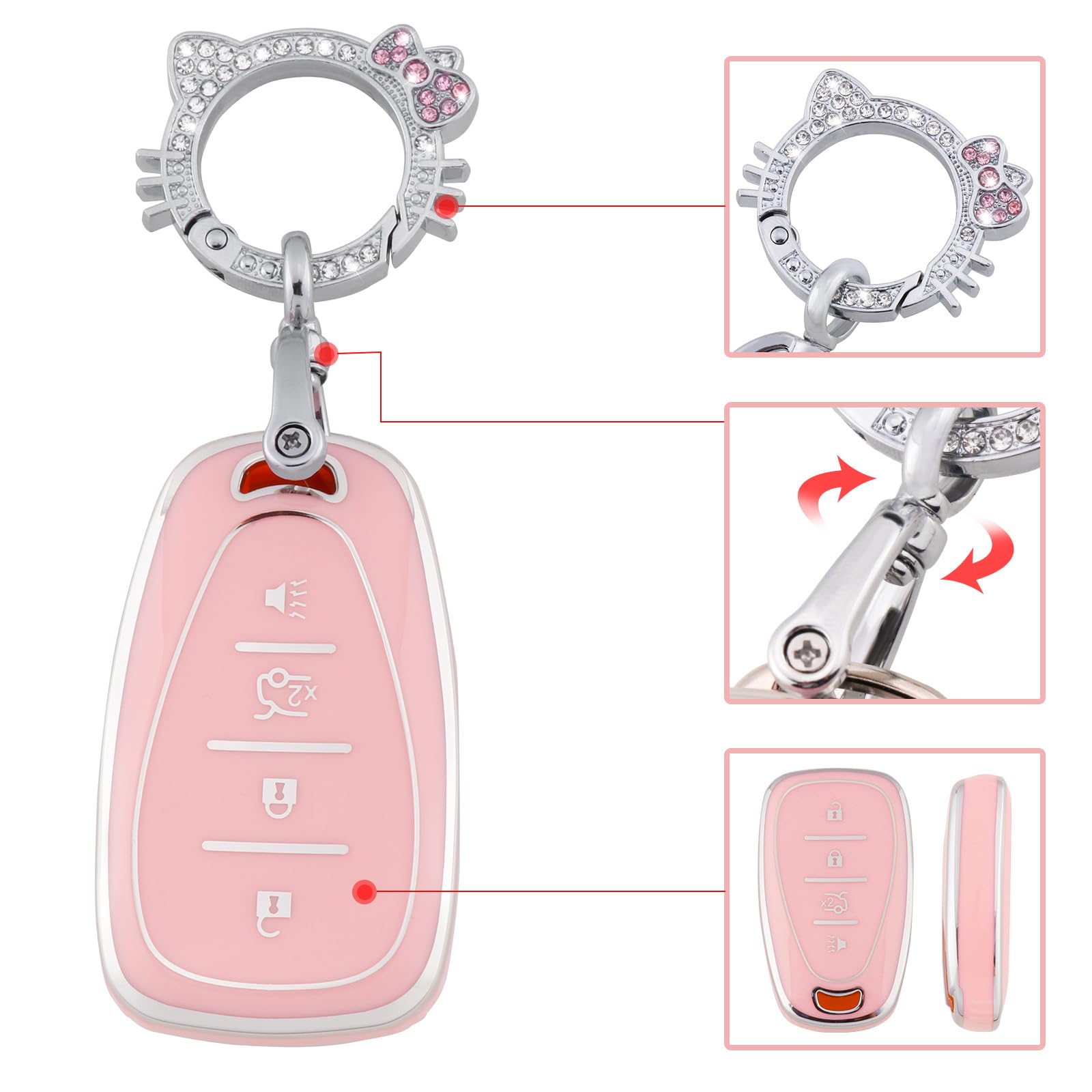 Pangpai Pink Key Fob Cover for Chevy, Soft TPU Key Case Protection with Bling Keychain Fit for Chevy Chevrolet Malibu Equinox Tr