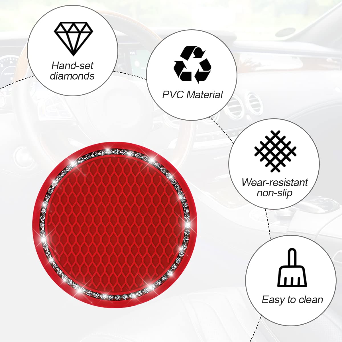 2Pcs Universal Bling Car Cup Coaster,Rhinestone Car Accessories 2.75 Inch Car Cup Holder Insert Mat Pad Set,Suitable For Most Car Interior (Red/White)