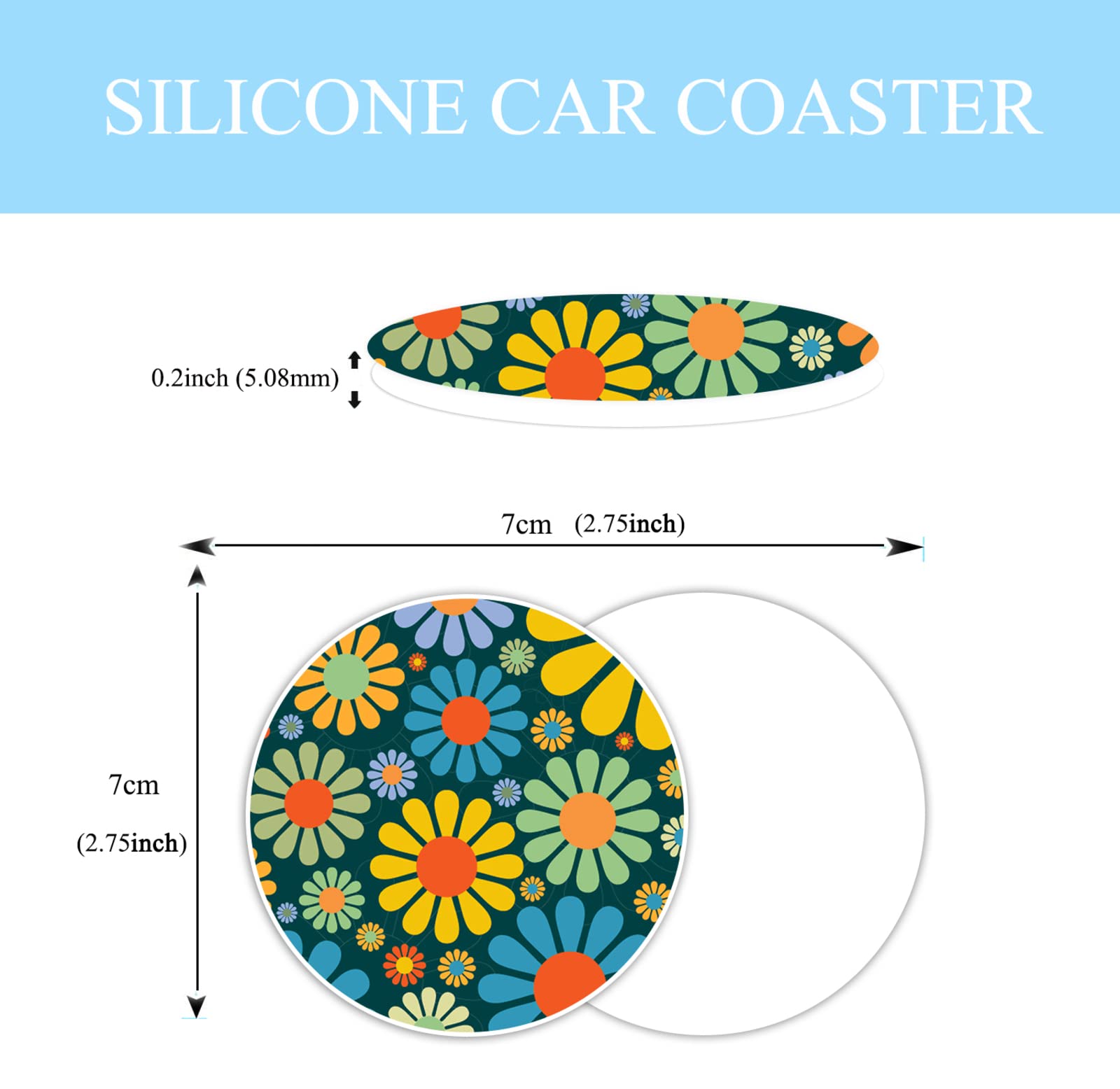 Hippie Daisy Flower Steering Wheel Cover for Women Men with 2 Pcs Car Coasters, Universal 14.5-15 Inch Rainbow Steering Wheel Co