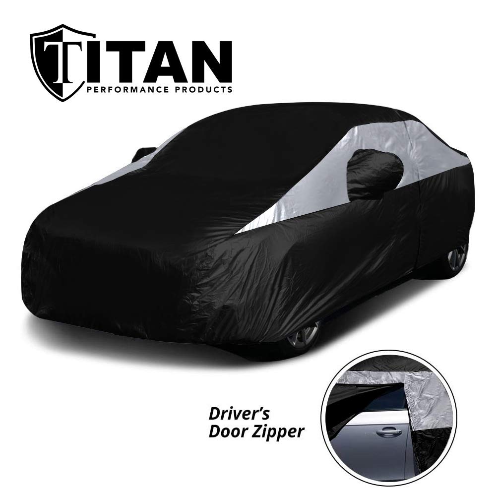 Titan Jet Black Poly 210T Car Cover For Compact Sedans 176-185''. Waterproof, Uv Protection, Scratch Resistant, Driver-Side Zipp
