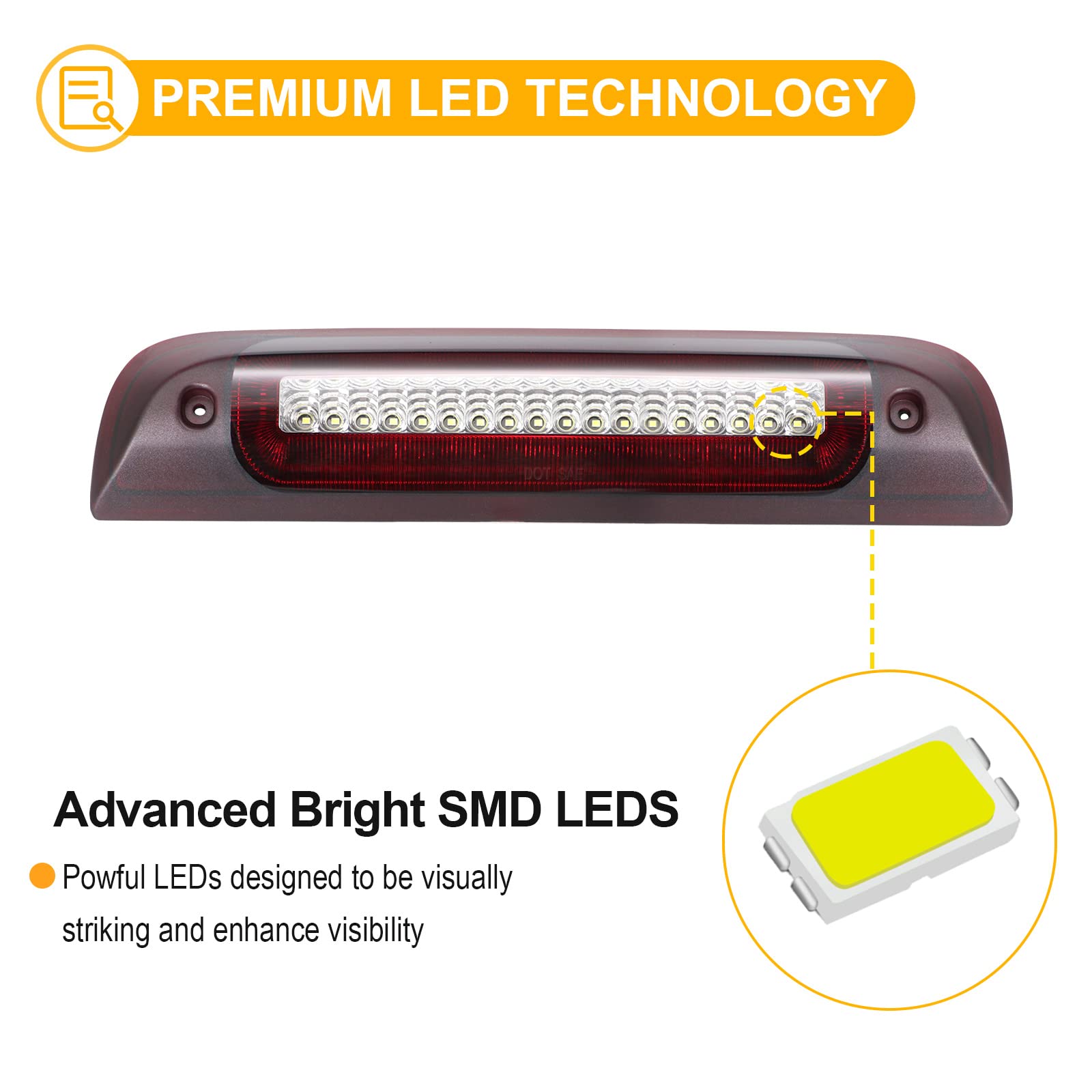 Led Third Brake Light For 2014-2019 Silverado Sierra 1500 2500Hd 3500Hd Pickup Truck Roof Cargo Lights F1 Style Strobe High Mount Stop Lamp Red White Lens Replace Oem# 23509162 | 20979071