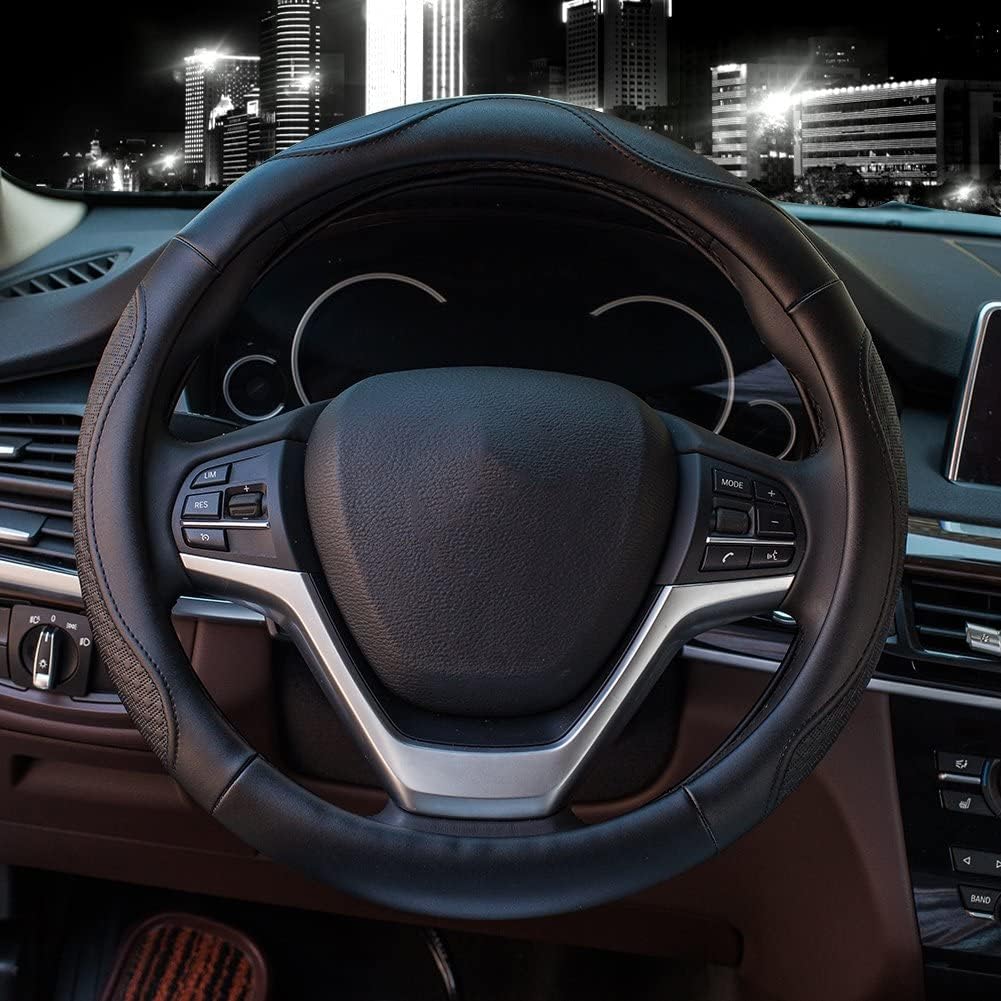Valleycomfy Leather Steering Wheel Covers Universal 15.75 Inch -Breathable, Anti Slip & Odor Free (Black With Black Lines,L(15''