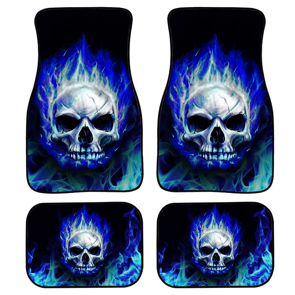 Biyejit Blue Fire Skull Car Floor Mats Set of 4 for Front Rear Seats, Heavy Duty Rubber Backing Universal Fit,SUV Interior Acces