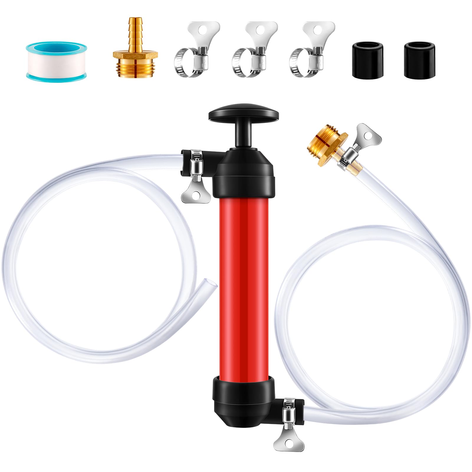 RV Antifreeze Siphon Hand Pump Kit, Liquid Transfer Pump with Two 1 Metre Clear PVC Hoses for Petrol, Oil and Fluids, Fuel Sipho