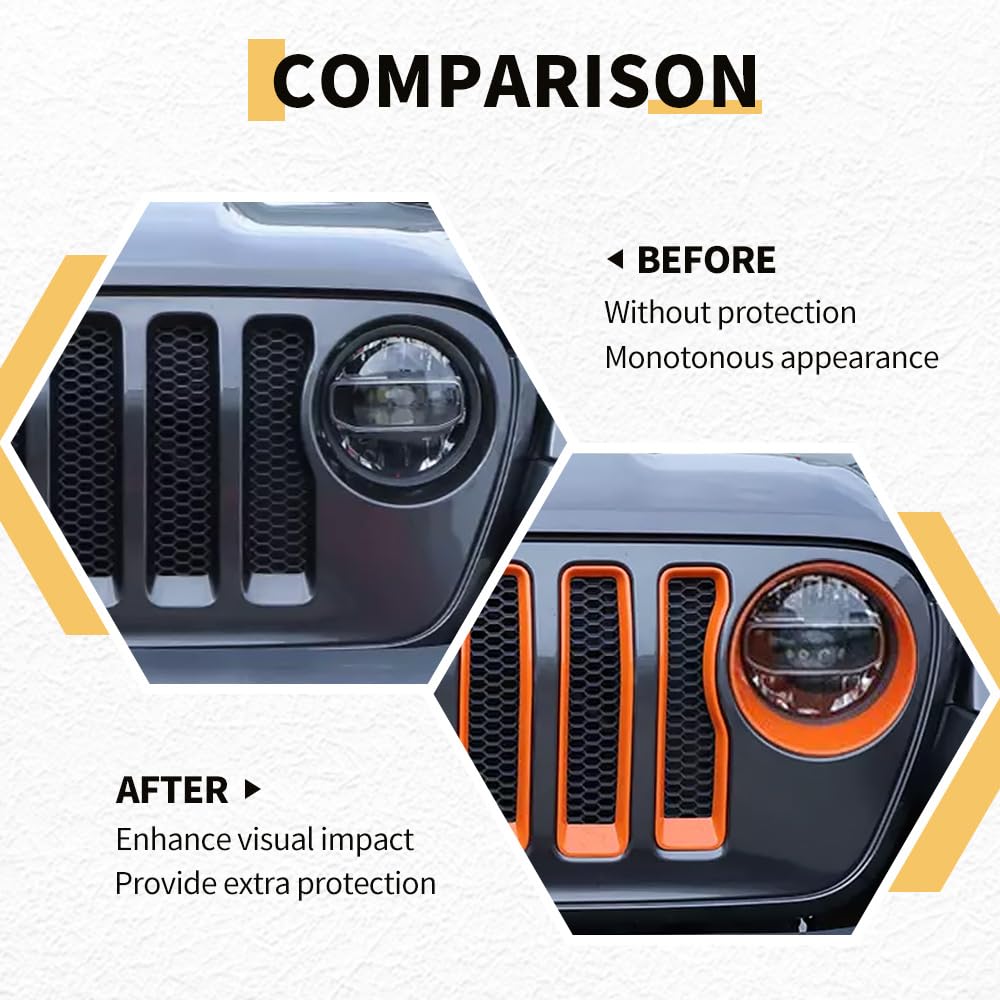 MAXDOM Grille Inserts Headlight Covers Set Fits for (2018-2023) Wrangler JL and Gladiator JT partial models Part#6KM36MRCAA (Ora