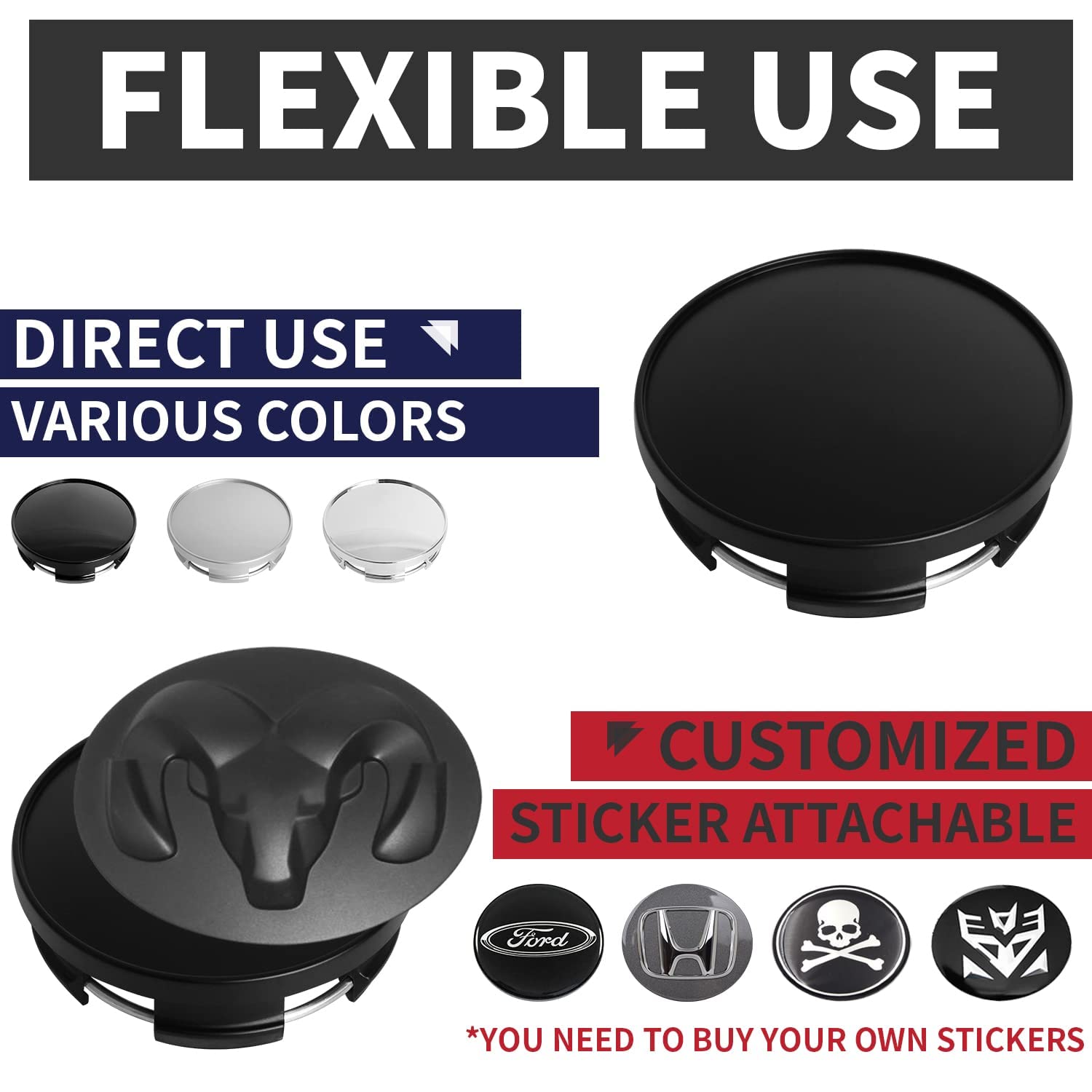 Kitspro 2.5Inch 63Mm Wheel Center Caps For Dodge Ram 1500 Rim Hub Caps 6Kf18Trmaa , Pack Of 4 (Matte Black, Outer 63Mm , Inner 56Mm)