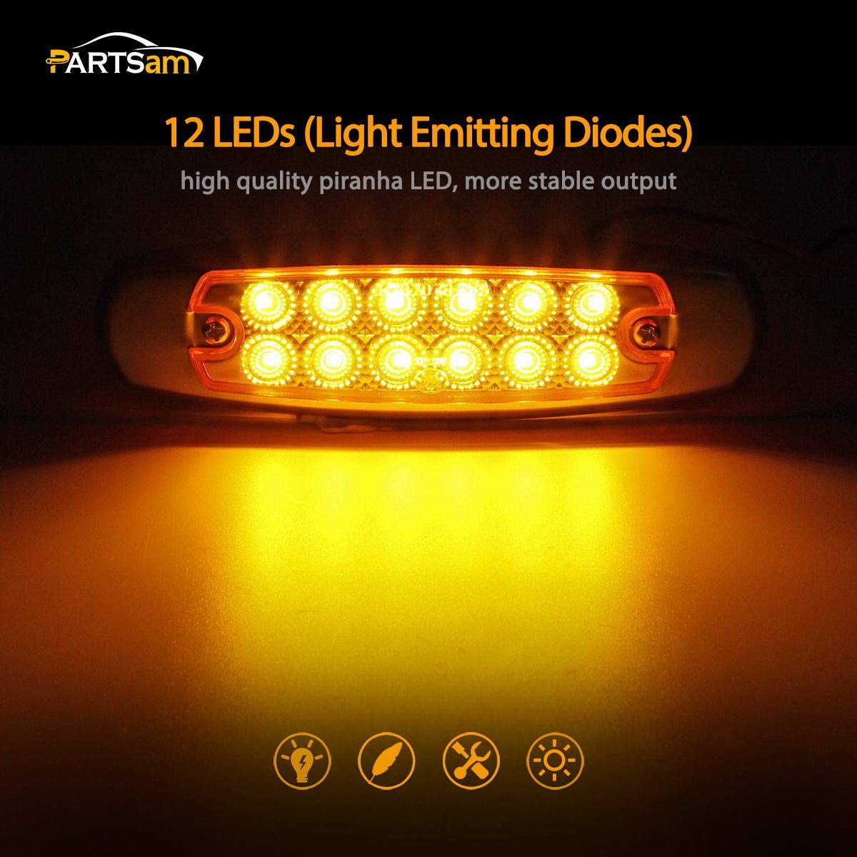 Partsam 10Pcs 6.2'' Amber 12Led Side Marker Clearance Lights With Stainless Steel Bezel For Trailer Truck Rv Camper 12V