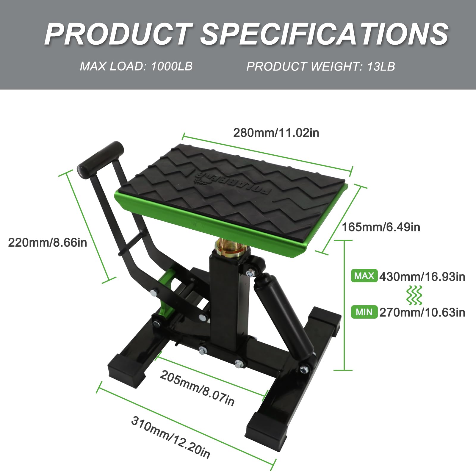 POLARBEAR Dirt Bike Stand and Lift Motorcycle Hydraulic Jack Stands1200LBs Capacity Adjustable Height Quick Jack for Maintenance