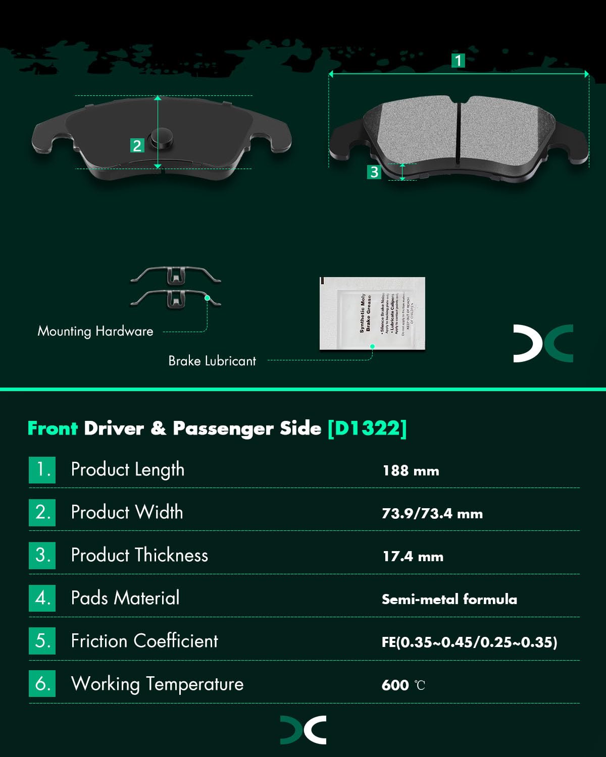 Scitoo D1322 Semi-Metal Front Brake Pads - Fit Audi A4, A5, A6, A7, Q5, S4, S5 Quattro
