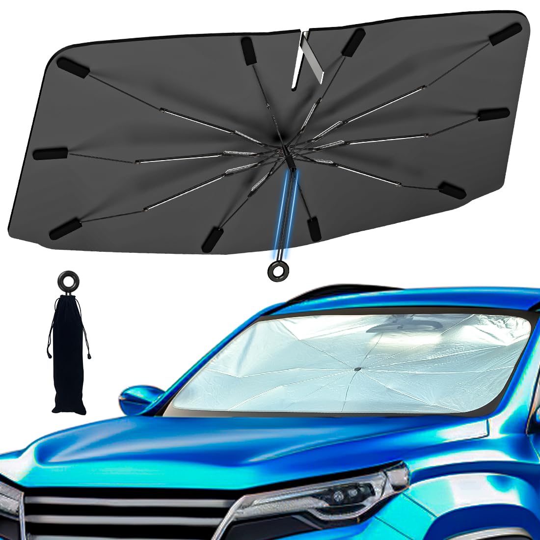 Windshield Sun Shade With 360 Pull Cord Anti-Scratch Handle - Upgraded Sunshade For Car Windshield With Double-Layer Fabric, Car