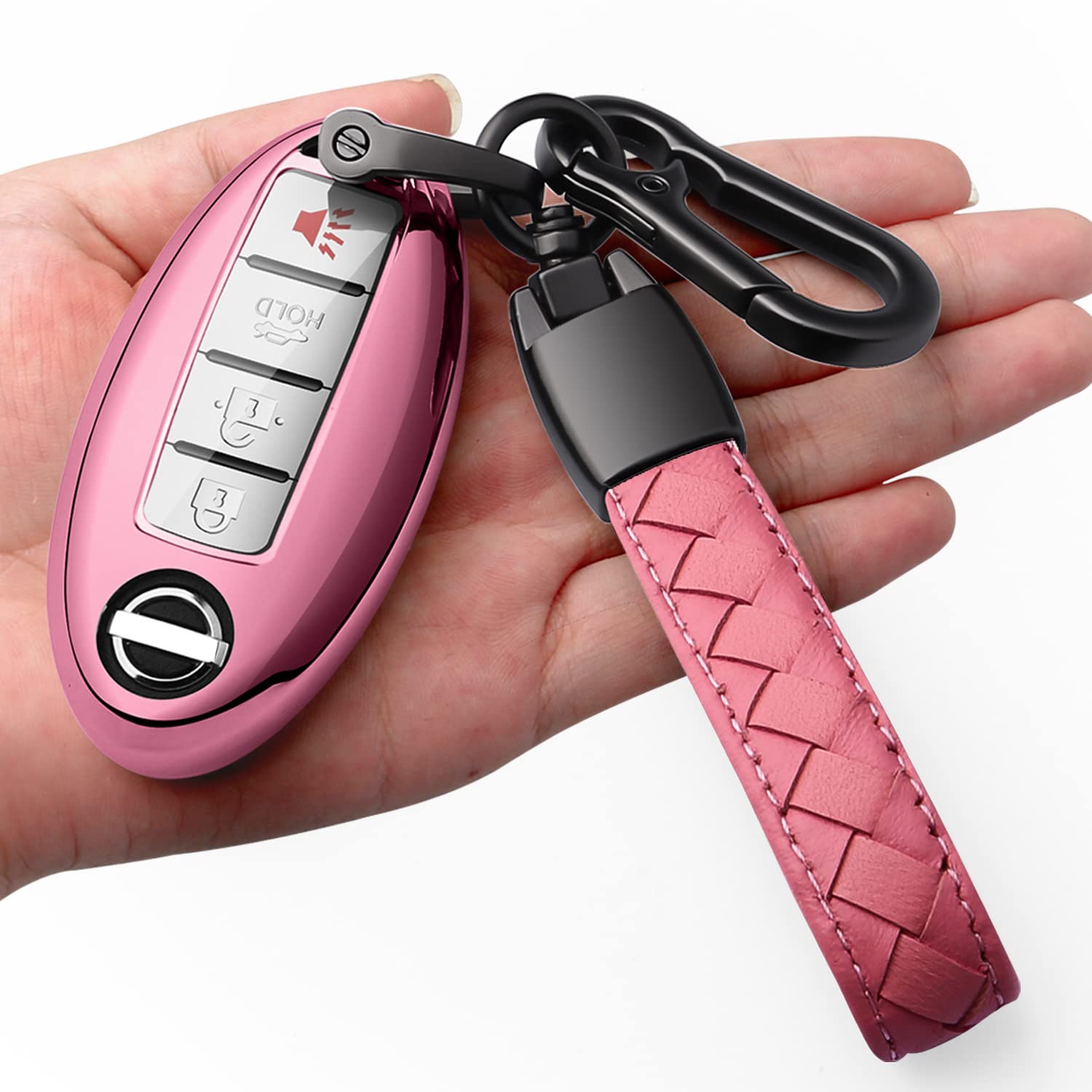 Autophone Compatible With Nissan Key Fob Cover With Leather Keychain Soft Tpu 360 Degree Protection Key Case For Altima Maxima Rogue Armada Pathfinder Smart Key 3 4 5-Button,Pink