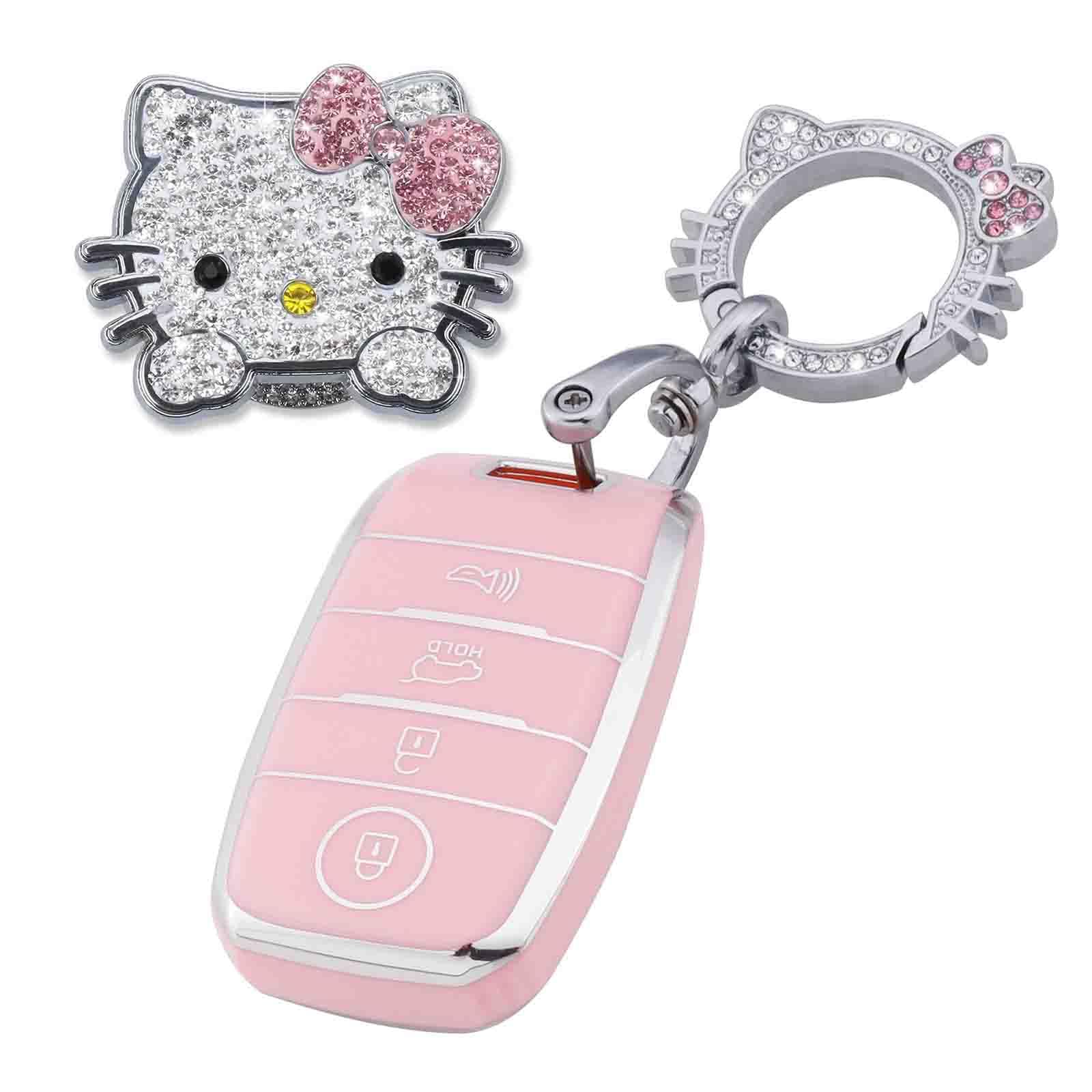 Pangpai Pink Car Accessories 3 Pcs For Kia Forte Koup Niro Optima Rio Sorento Soul Sportage Key Fob Cover With Bling Keychain Cu