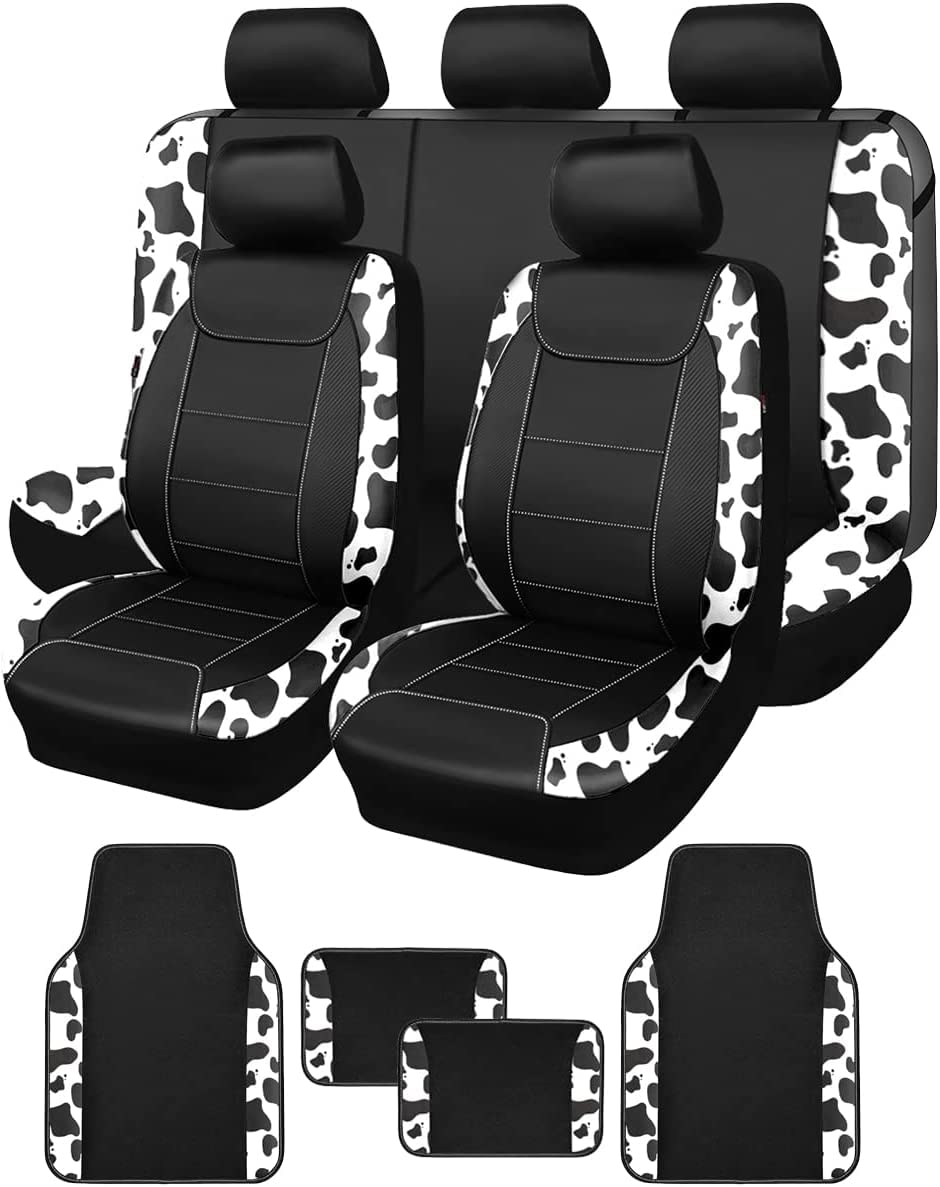 Flying Banner Car Seat Covers Protects Water Proof Faux Leather Carbon Fiber Fronts Rear Bench Covers (Cow Black, Full Set - Com