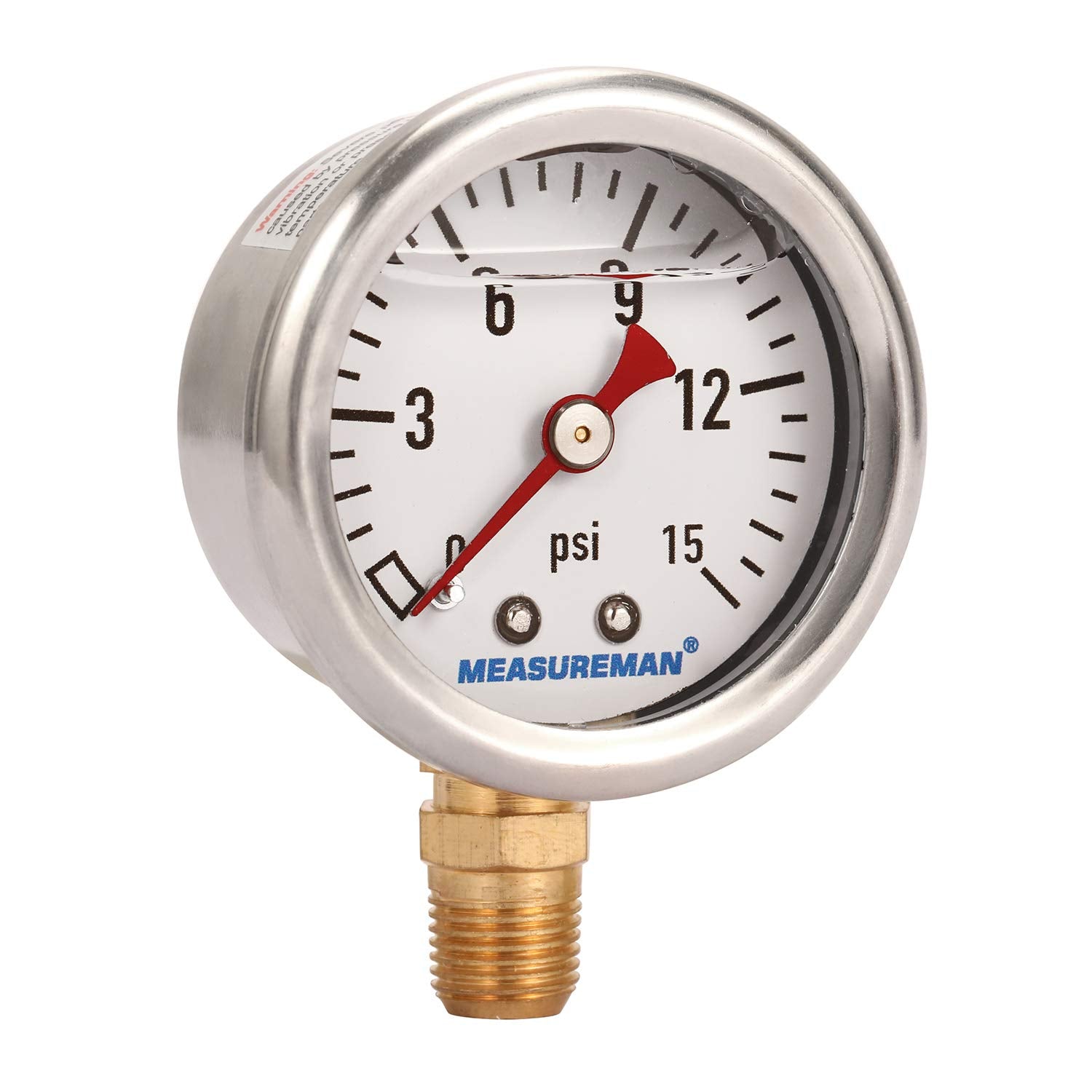 Measureman 1-1/2 '' Dial Size, Glycerin Filled Fuel Pressure Gauge, 304 Stainless Steel Case, 0-15Psi, +/-3-2-3%, 1/8 '' Npt Low