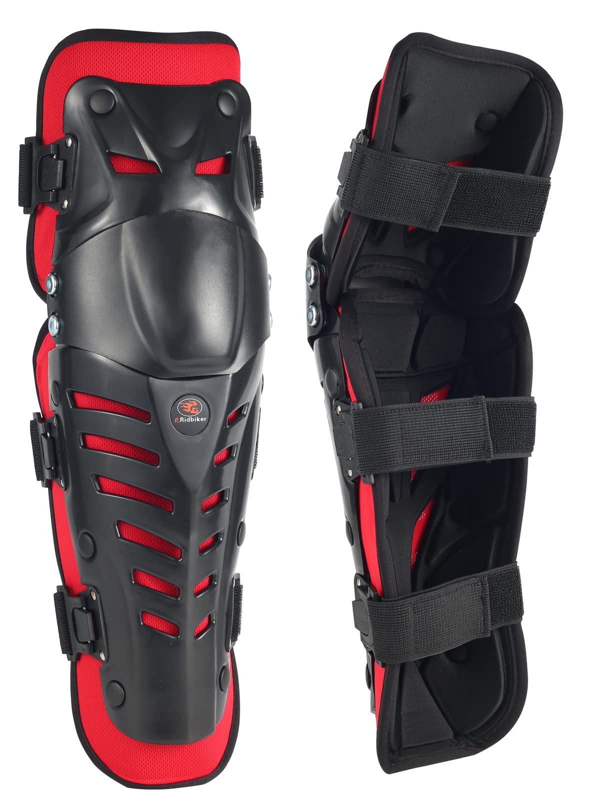 Ridbiker Movable Knee Shin Guard Pads 3 Sections Adjustable Breathable Knee Pads Protector Armor For Motorcycle Cycling Racing Long Leg Sleeve Gear Crashproof 1 Pair (Lengthen, Red)