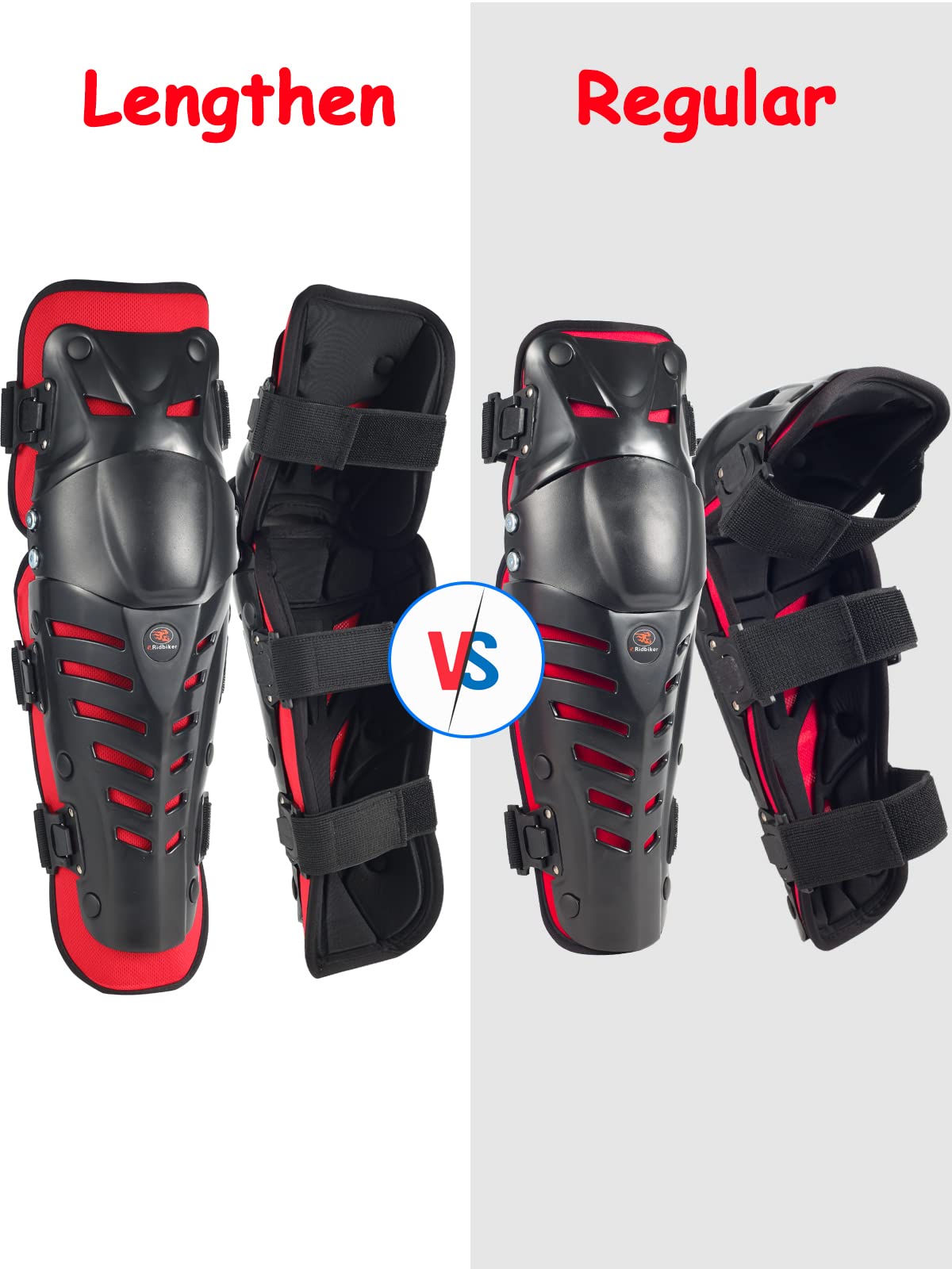 Ridbiker Movable Knee Shin Guard Pads 3 Sections Adjustable Breathable Knee Pads Protector Armor For Motorcycle Cycling Racing Long Leg Sleeve Gear Crashproof 1 Pair (Lengthen, Red)