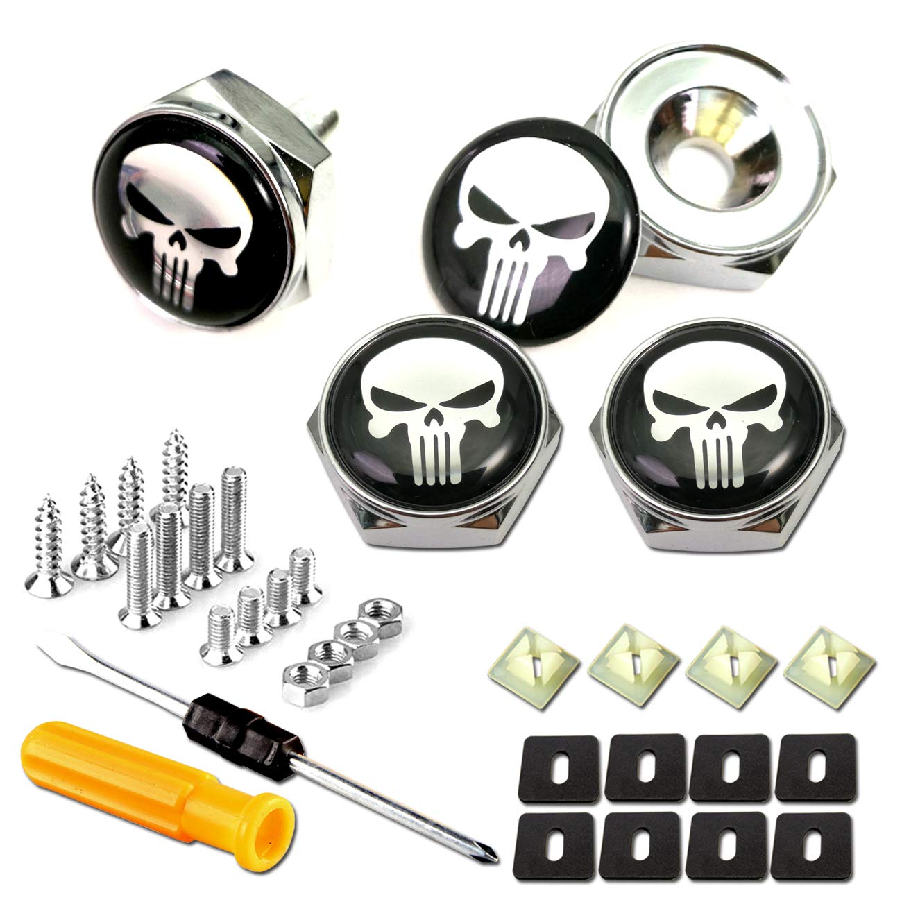 Aootf License Plate Screw Bolt Caps- Logo Billet Metal Car License Plate Bolts Frame Screw Cover With Black Skull Sticker, License Plate Frame Security Fastener Kit With Anti-Rattle Foam Pads