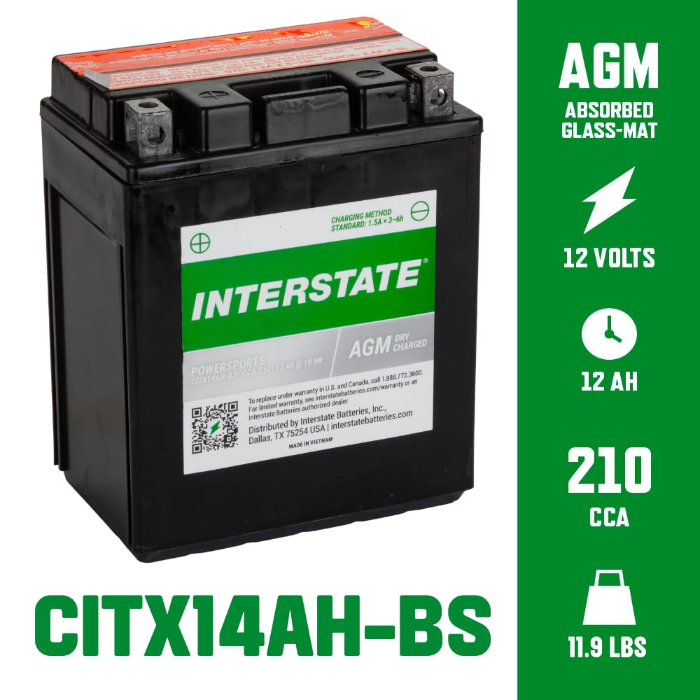 Interstate Batteries Ytx14Ah-Bs 12V 12Ah Powersports Battery 210Cca High-Performance Agm Rechargeable Replacement For Kawasaki,
