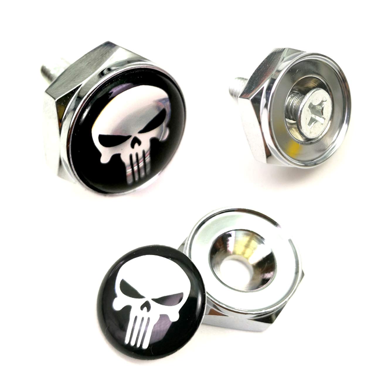 Aootf License Plate Screw Bolt Caps- Logo Billet Metal Car License Plate Bolts Frame Screw Cover With Black Skull Sticker, License Plate Frame Security Fastener Kit With Anti-Rattle Foam Pads
