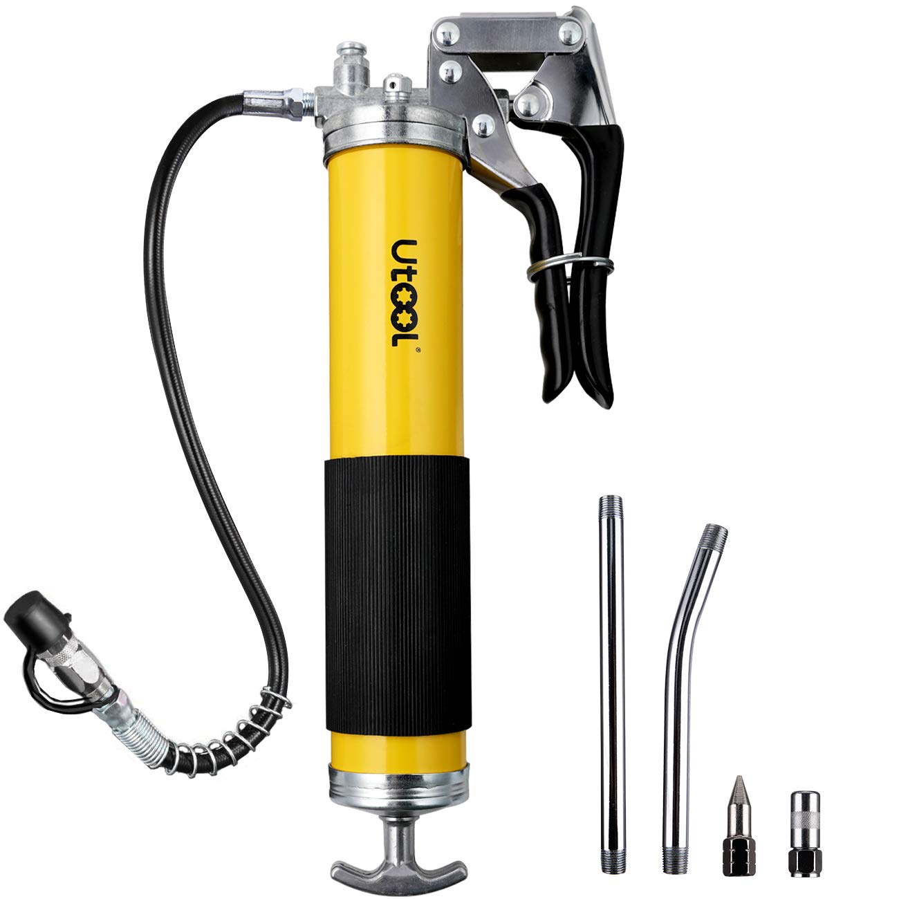 Utool Grease Gun, 8000 Psi Heavy Duty Pistol Grip Grease Gun Set With 14 Oz Load, 18 Inch Spring Flex Hose, 2 Working Coupler, 2