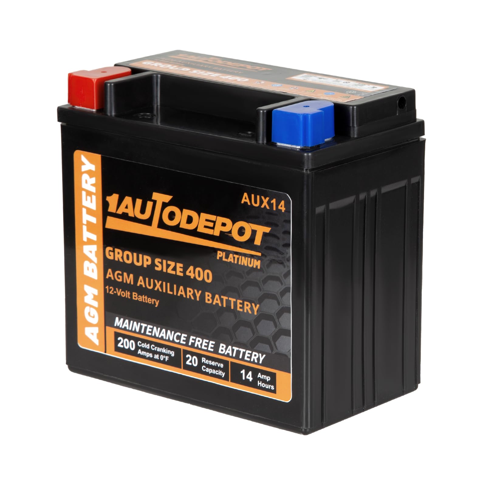 1Autodepot Aux14 Auxiliary Battery, Bci Group 400 Agm Battery, 200Cca, 20Rc,12V 14Ah Maintenance Free 36 Months Warranty