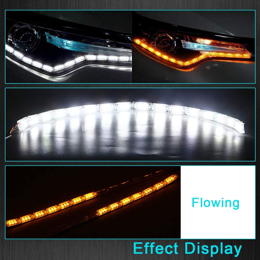 Grandviewtm 2Pcs Flexible Car Led Strip, Crystal Drl Led Lights Daytime Running Light Flowing Turn Signal Light Headlight White/
