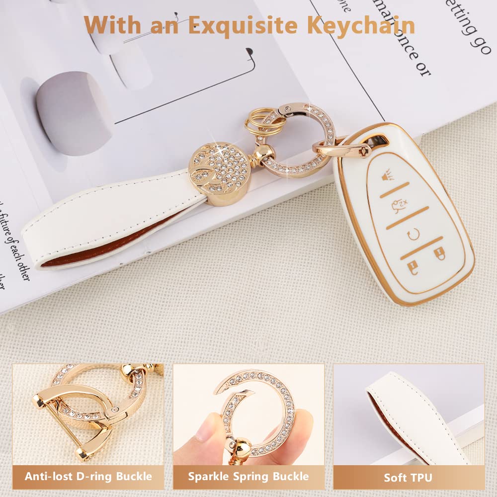 Pifoog Tpu Key Fob Cover For Chevy Equinox Camaro Traverse 5 Buttons Car Key Covers With Keychain Soft Key Shell Case Compatible Malibu Blazer Trailblazer Spark Gold White