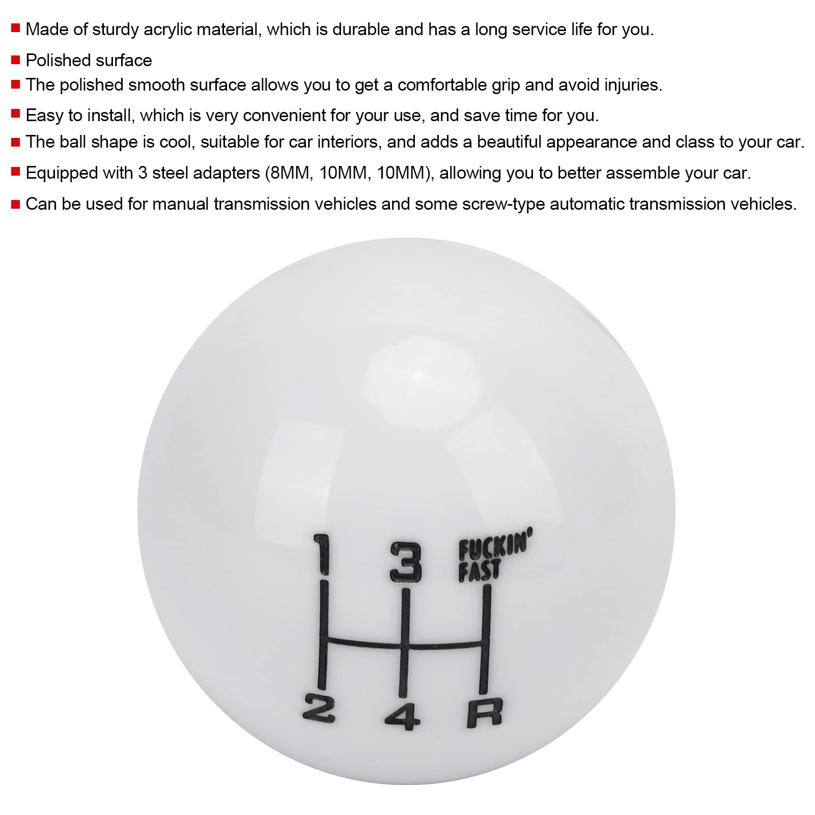 Round Ball Gear Shift Knob,Kimiss M12X1.25 5 Speed Gear Shift Knob Head With 3 Adapter Universal Automobile Accessory (White)
