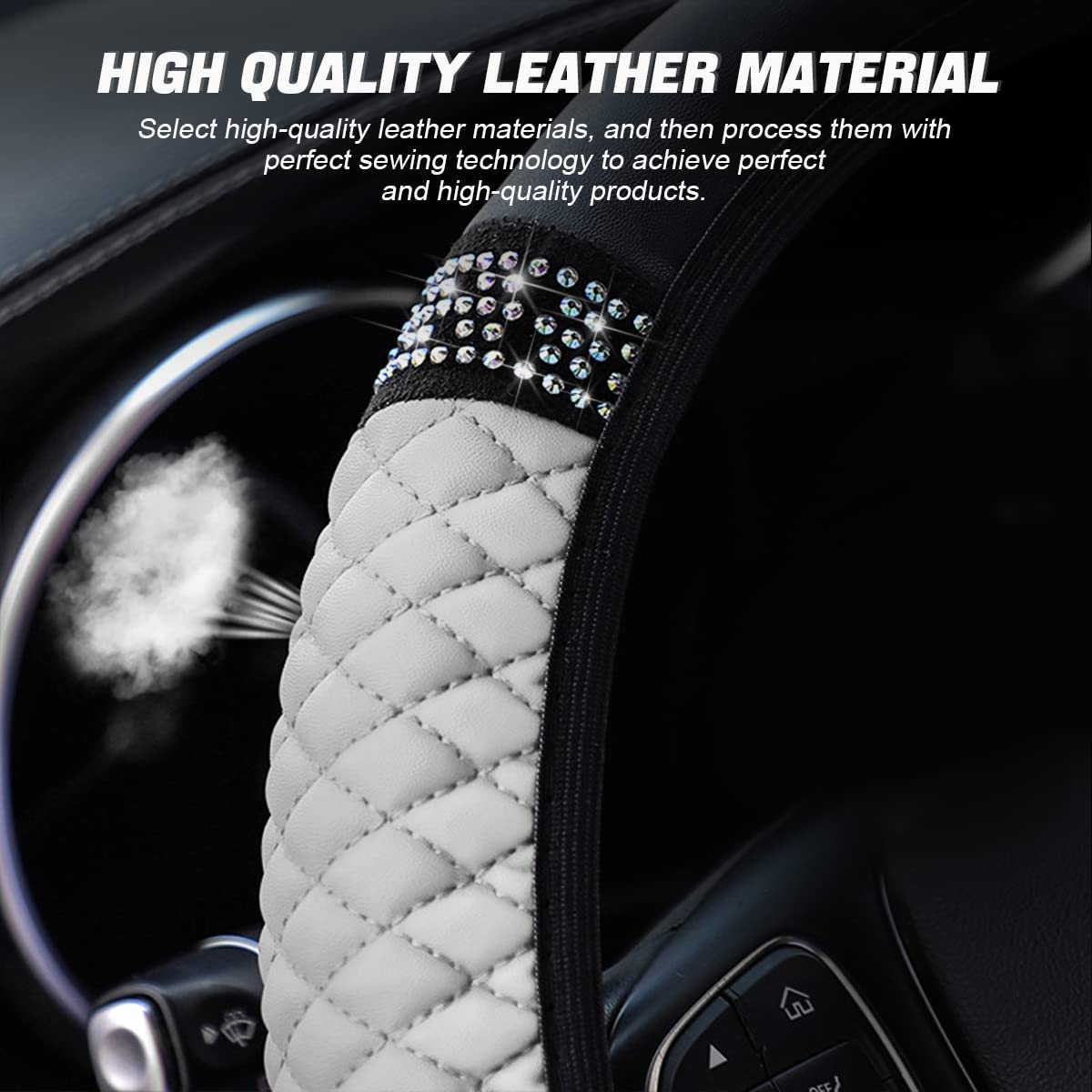 Leather Car Steering Wheel Cover, 15 Inch Colorful Rhinestones Elastic Auto Steering Wheel Protector, Bling Steering Wheel Cover