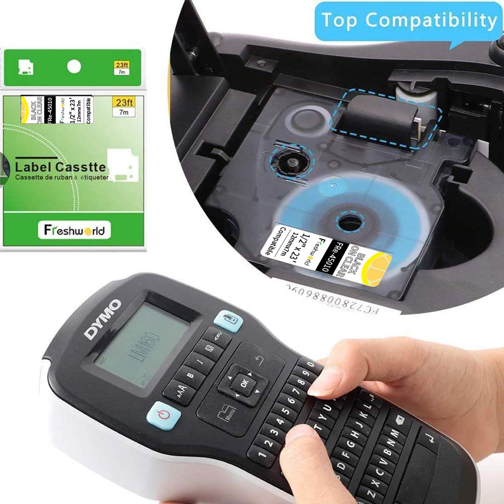 5-Pack Replace Dymo 45010 S0720500 Black On Clear Label Compatible Dymo D1 Label Tape Dymo Label Maker Refill,1/2 Inch X 23 Ft,