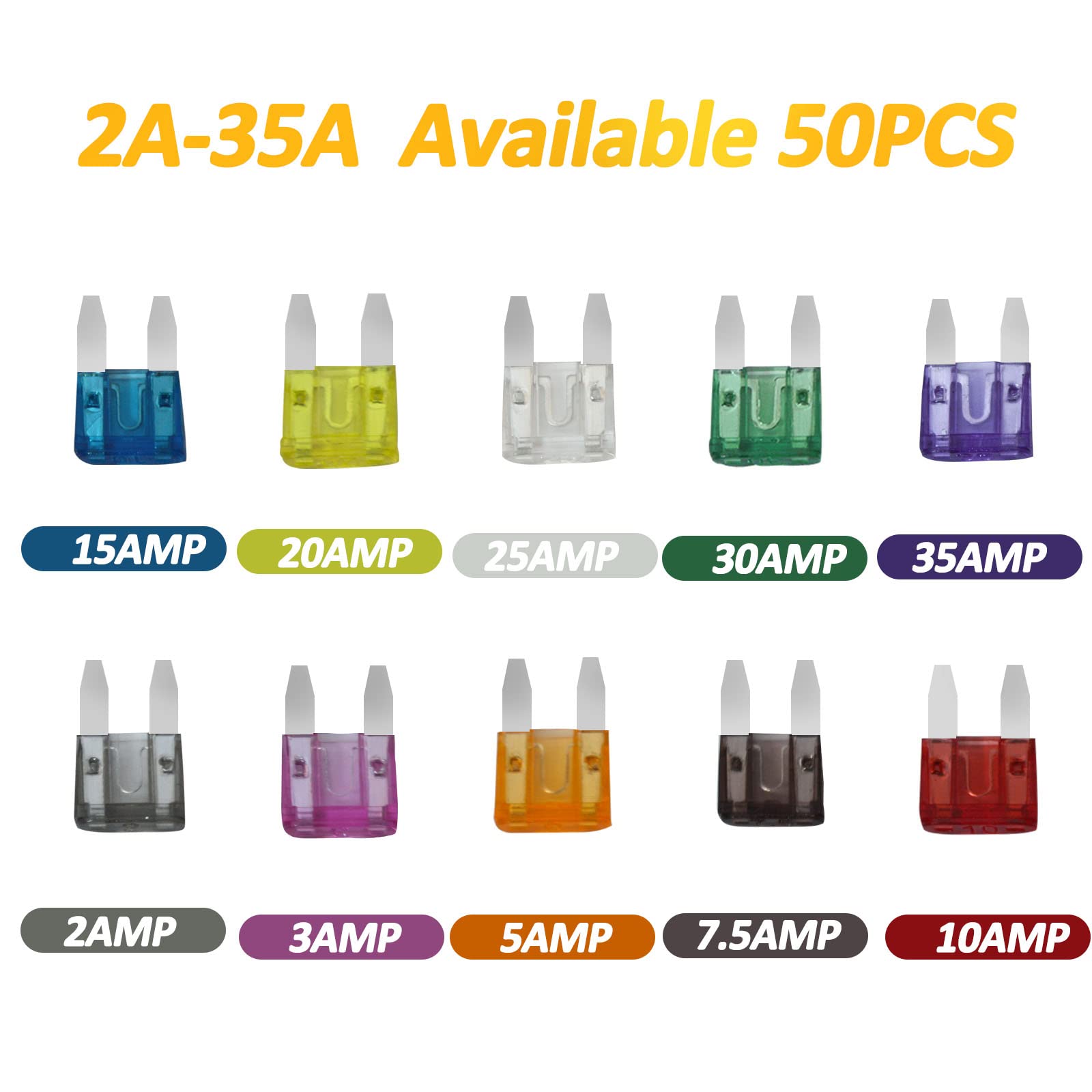 Auto Car Mini Blade Fuses Assortment Kit - 50Pcs Mini (2A/3A/5A/7.5A/10A/15A/20A/25A/30A/35A) for Car Boat Truck SUV Automotive