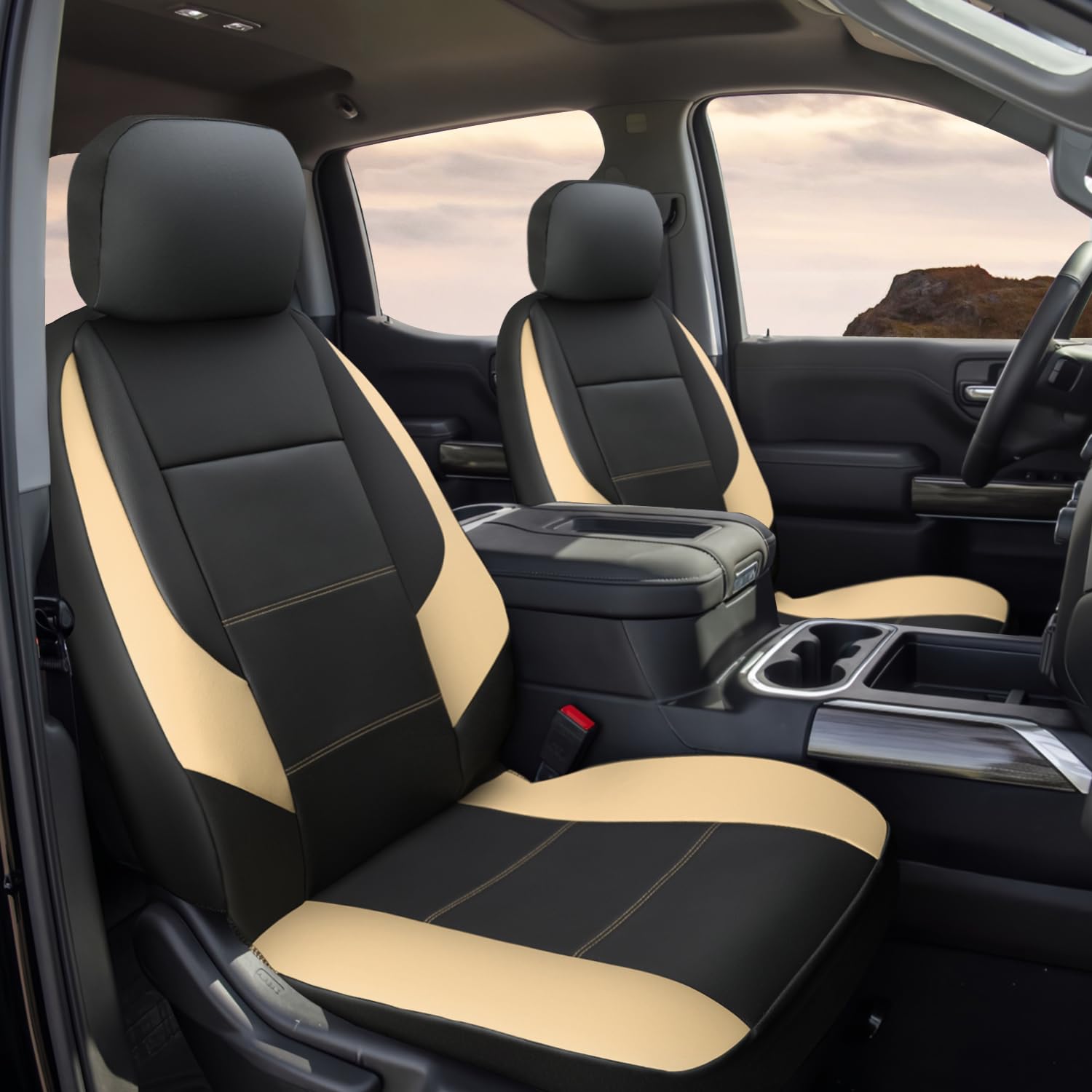 Giant Panda Front Car Seat Cover Customized Fit Chevy Silverado 1500 2500 3500 Trucks Seat Protectors (Beige+Black) 2-Pack