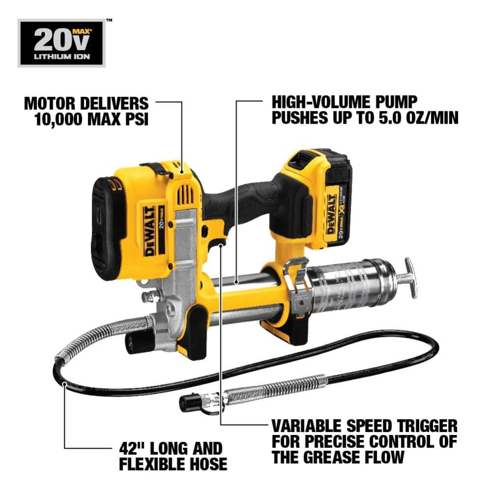 Dewalt 20V Max Grease Gun Kit, Cordless, 42    Long Hose, 10,000 Psi, Variable Speed Triggers, Battery And Charger Included (Dcg