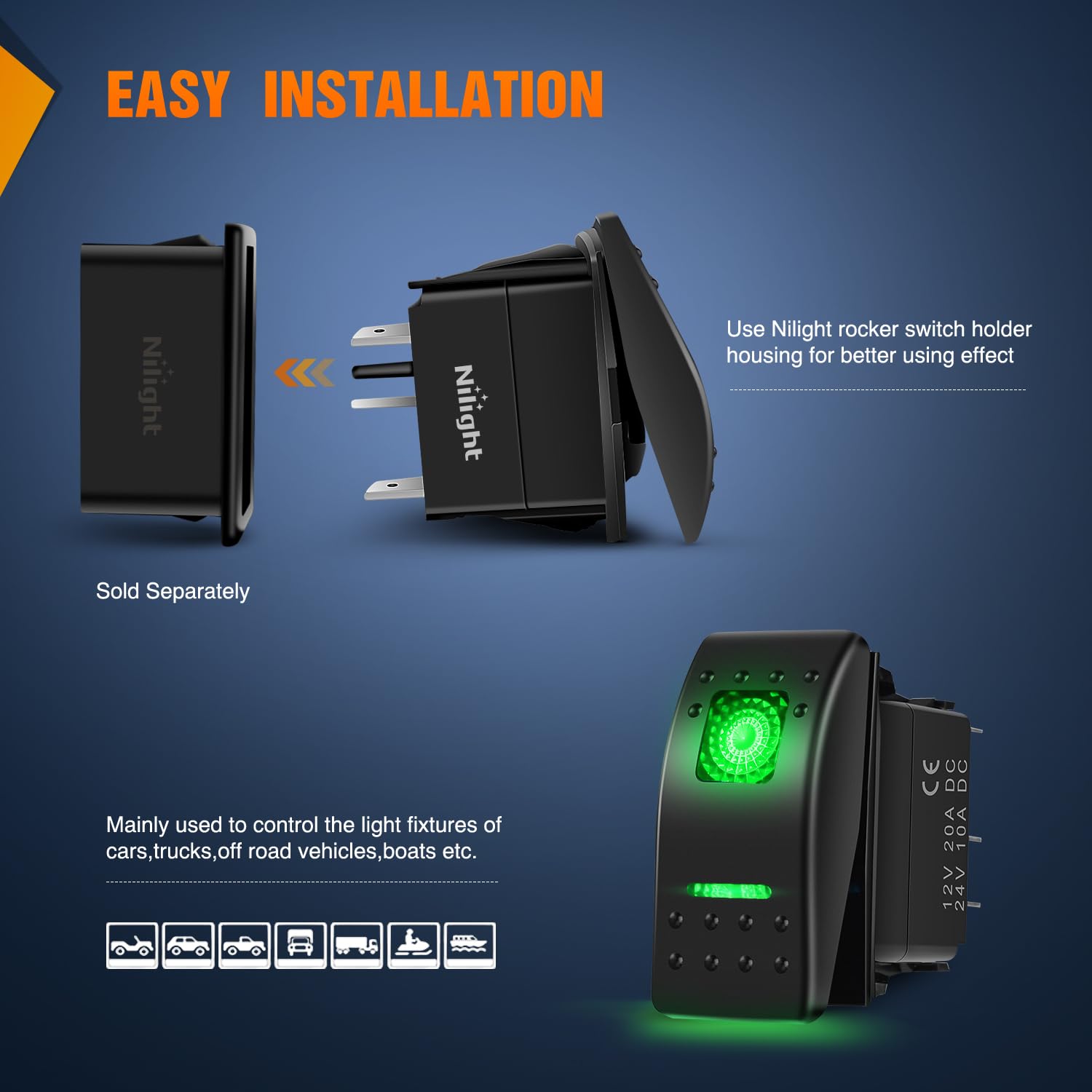 Nilight 3 Pack Rocker Switches With Night Glow Diy Stickers On Off 5 Pin Spst Led Light Switches With Green Backlit 12V/24V Togg