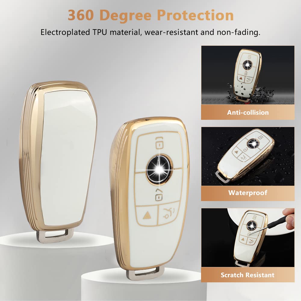 Pifoog Key Fob Cover For Mercedes Tpu White Gold Bling Keychain Accessories Fit Benz Gla Gle Glb Gls Glc Cla Cls C300 Amg A E S
