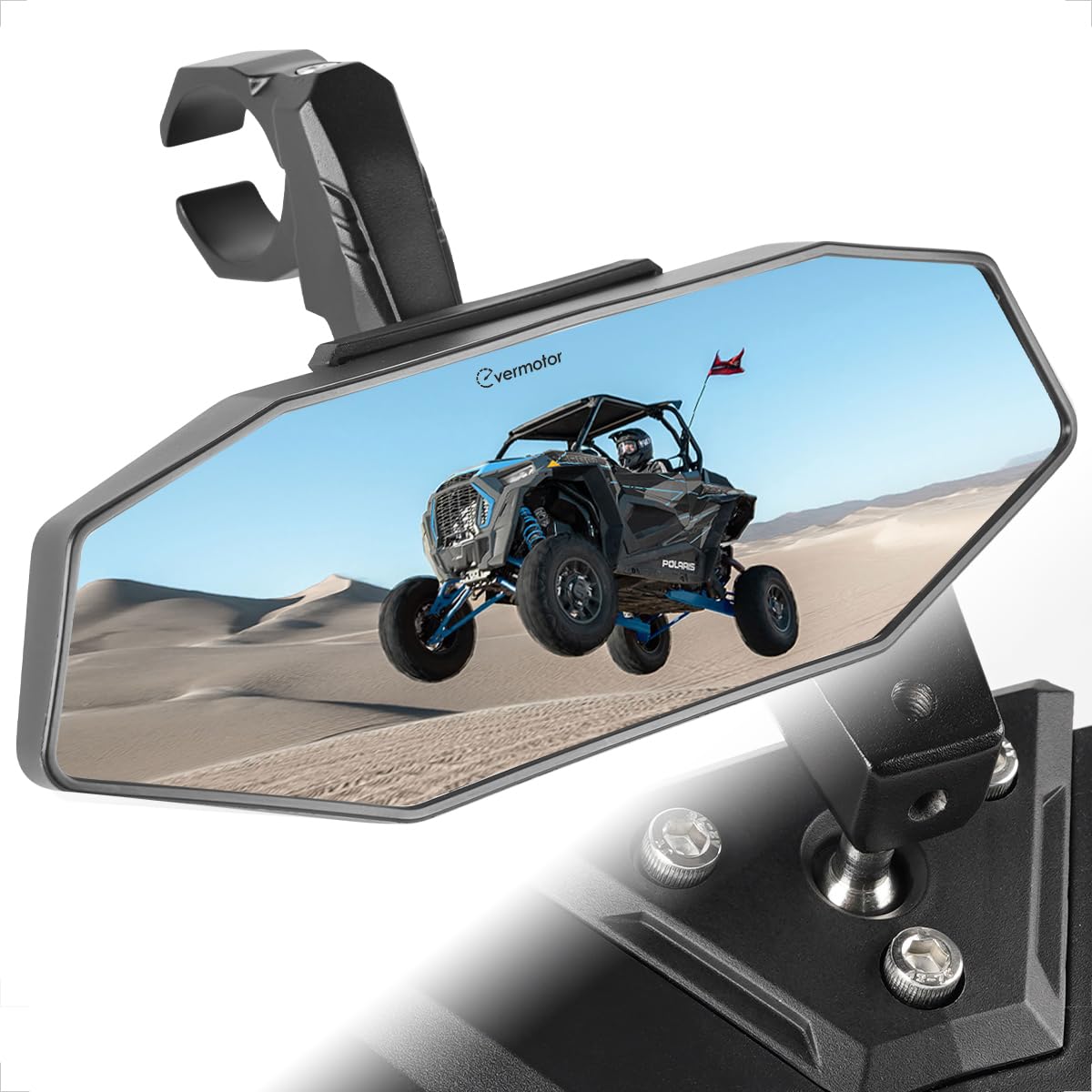 Evermotor Utv Center Rear View Mirror For 1.6-2 Roll Bar Cages, 360° Adjustable Aluminum Clamp Compatible With Atv Polaris Rzr Ranger Scooter Kawasaki Mule Pioneer Gator, Shatter Proof Glass