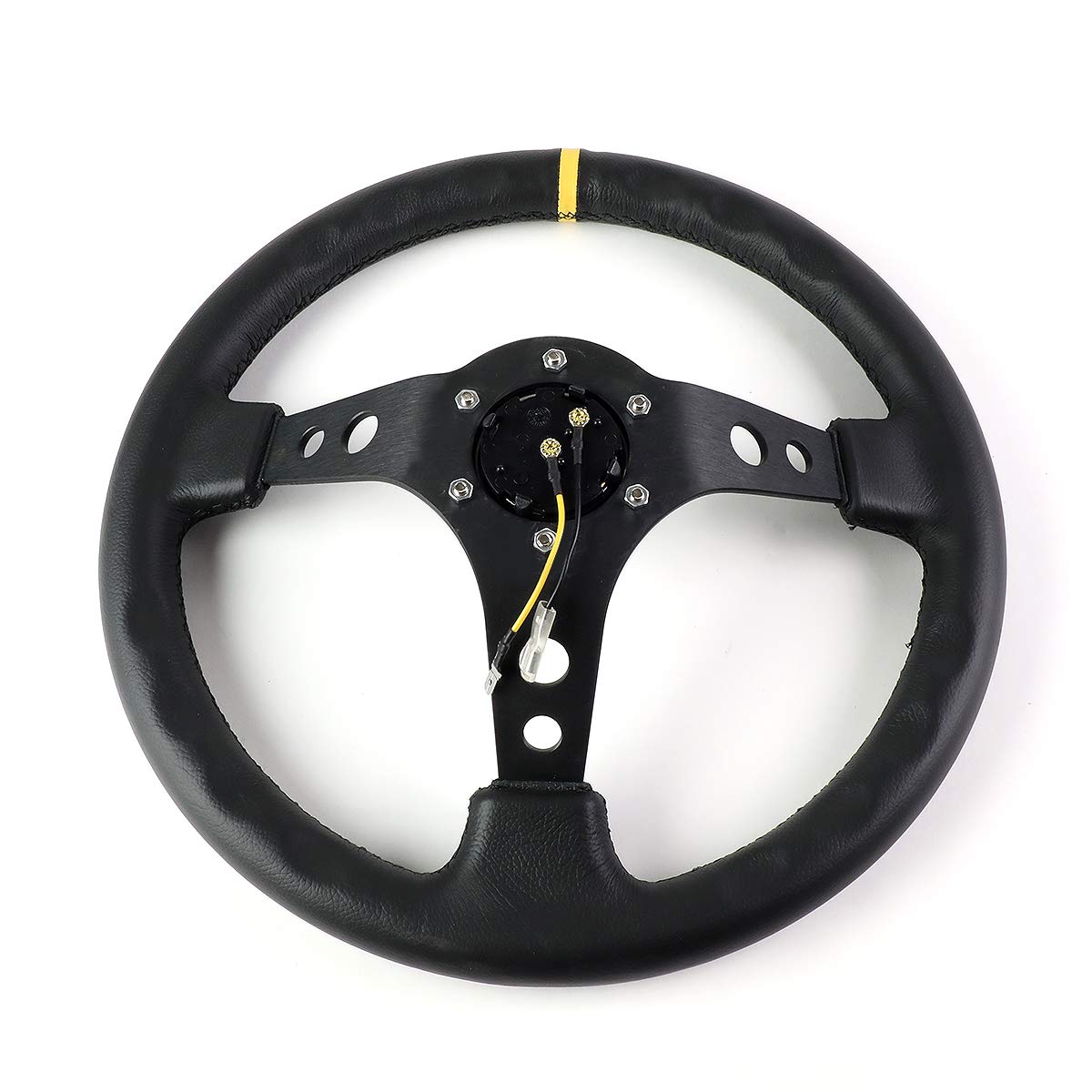 NRG Steering Wheel - 06 (Deep Dish) - 350mm (13.78 inches) - Black Leather with Black Spokes/Yellow Stripe - Part # ST-006BK-Y by NRG Innovations