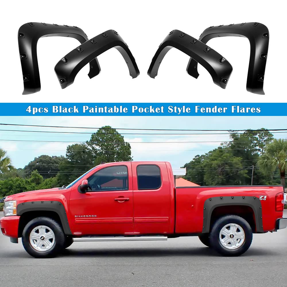 Aps Injection Moulding Fender Flares Compatible With Chevy Silverado 2007-2014 1500 2500 3500 (Standard Bed & Long Bed) Pocket Rivet Style 4Pc Set Impact Resistance Polypropylene