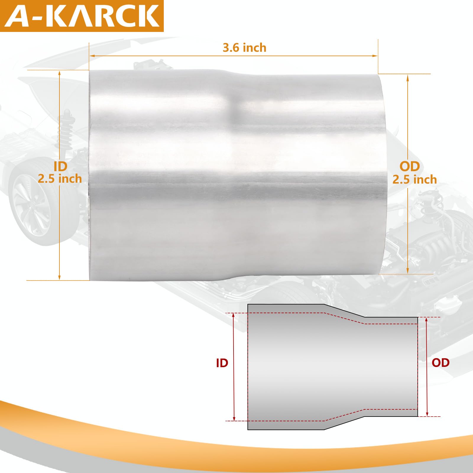 A-KARCK Stainless Steel Exhaust Adapter 2.5'' ID to 2.5'' OD, Engine Exhaust Pipe Reducer 3.6'' Overall Length